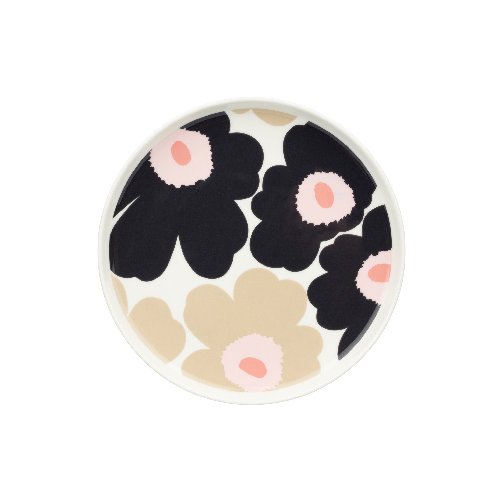 Oiva Unikko side plate by Marimekko in charcoal, sand, and pink floral pattern, 20 cm white stoneware plate for modern Scandinavian dining