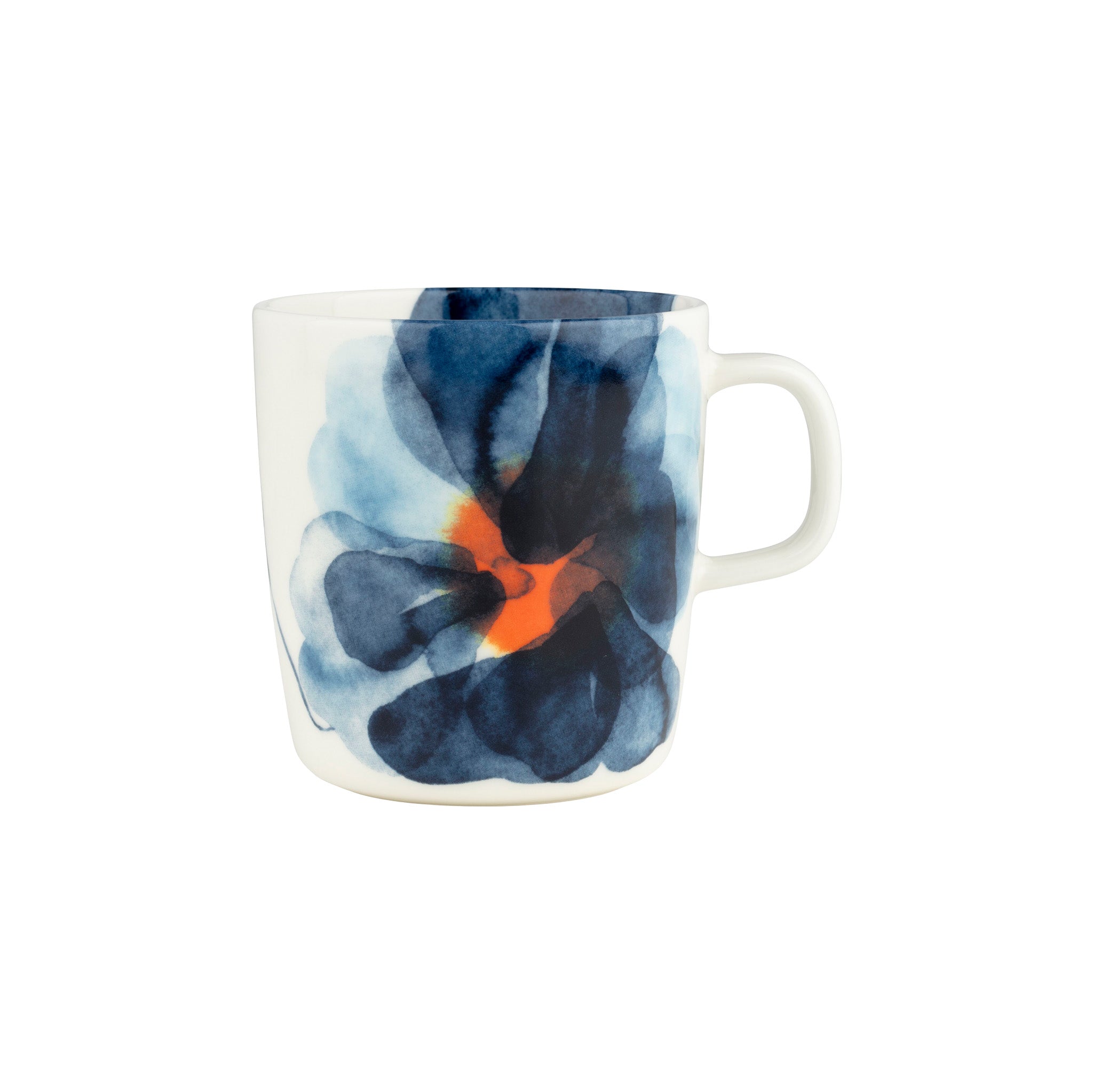 Marimekko Valssi Large Mug with painterly blue and orange florals on white stoneware—made for coffee, tea, and slow mornings.