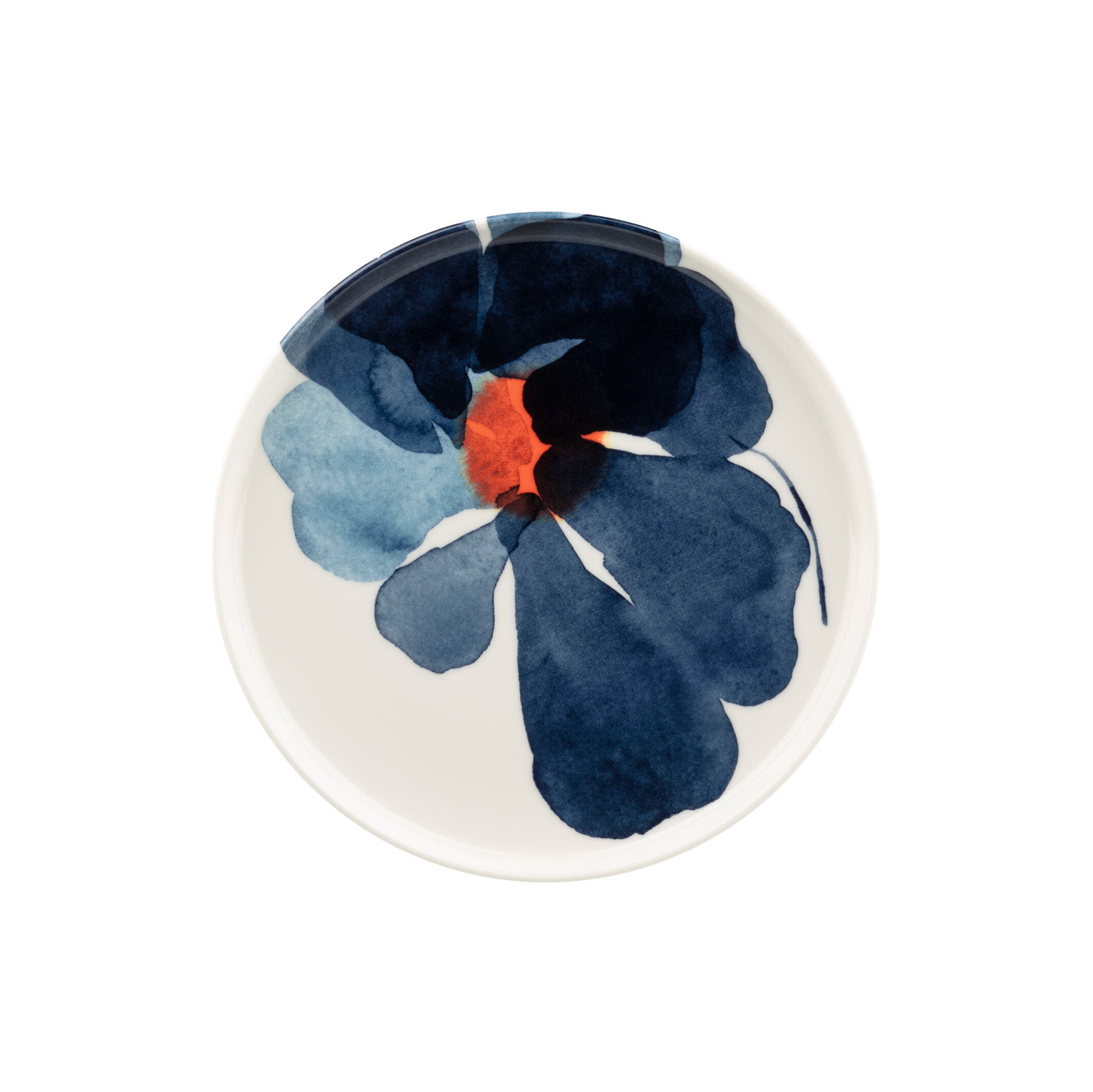 Marimekko Valssi Side Plate with bold floral print in blue and orange on white stoneware—ideal for breakfast, desserts, or a very stylish slice of toast.