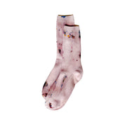 Maplewood Hand-Dyed Dressy Socks by Merle Works in soft blush pink with colorful hand-dyed speckles, ribbed cotton texture, and a lightweight crew-length design.