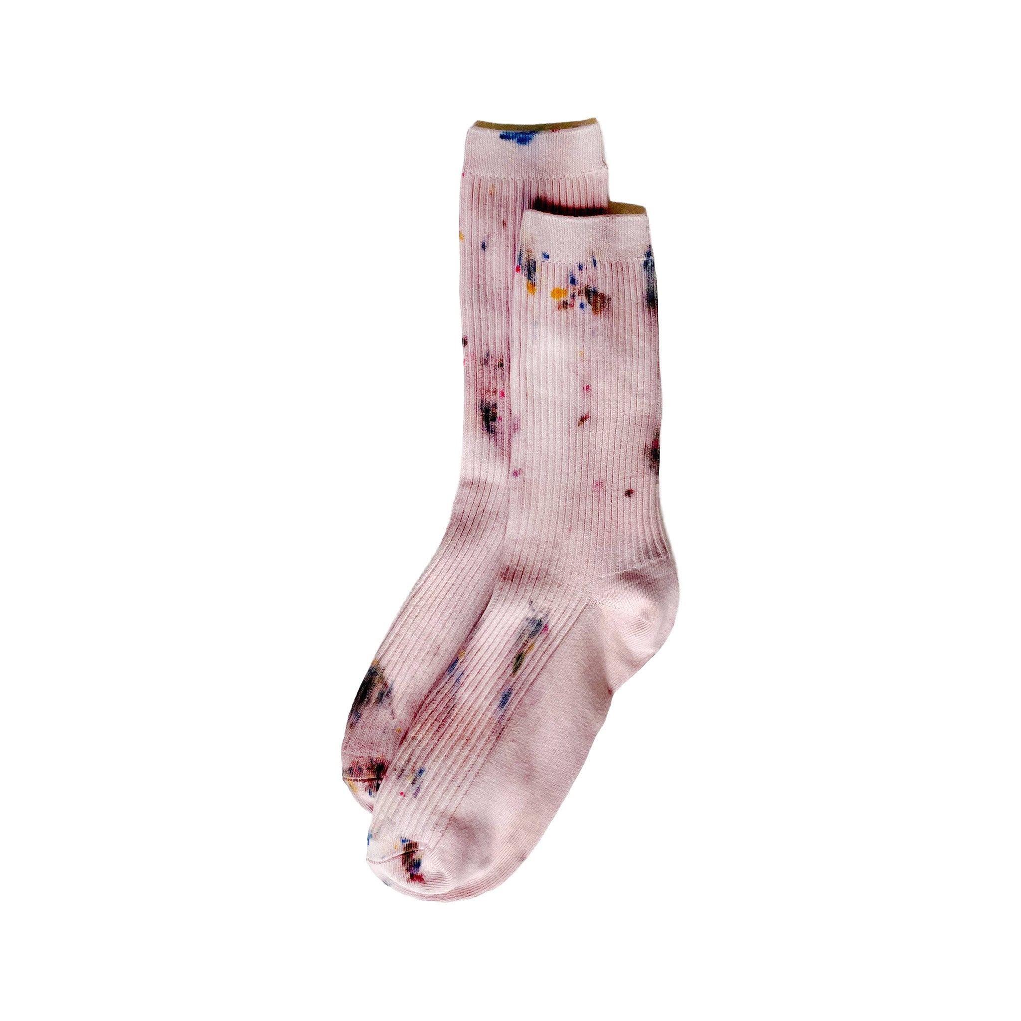 Maplewood Hand-Dyed Dressy Socks by Merle Works in soft blush pink with colorful hand-dyed speckles, ribbed cotton texture, and a lightweight crew-length design.