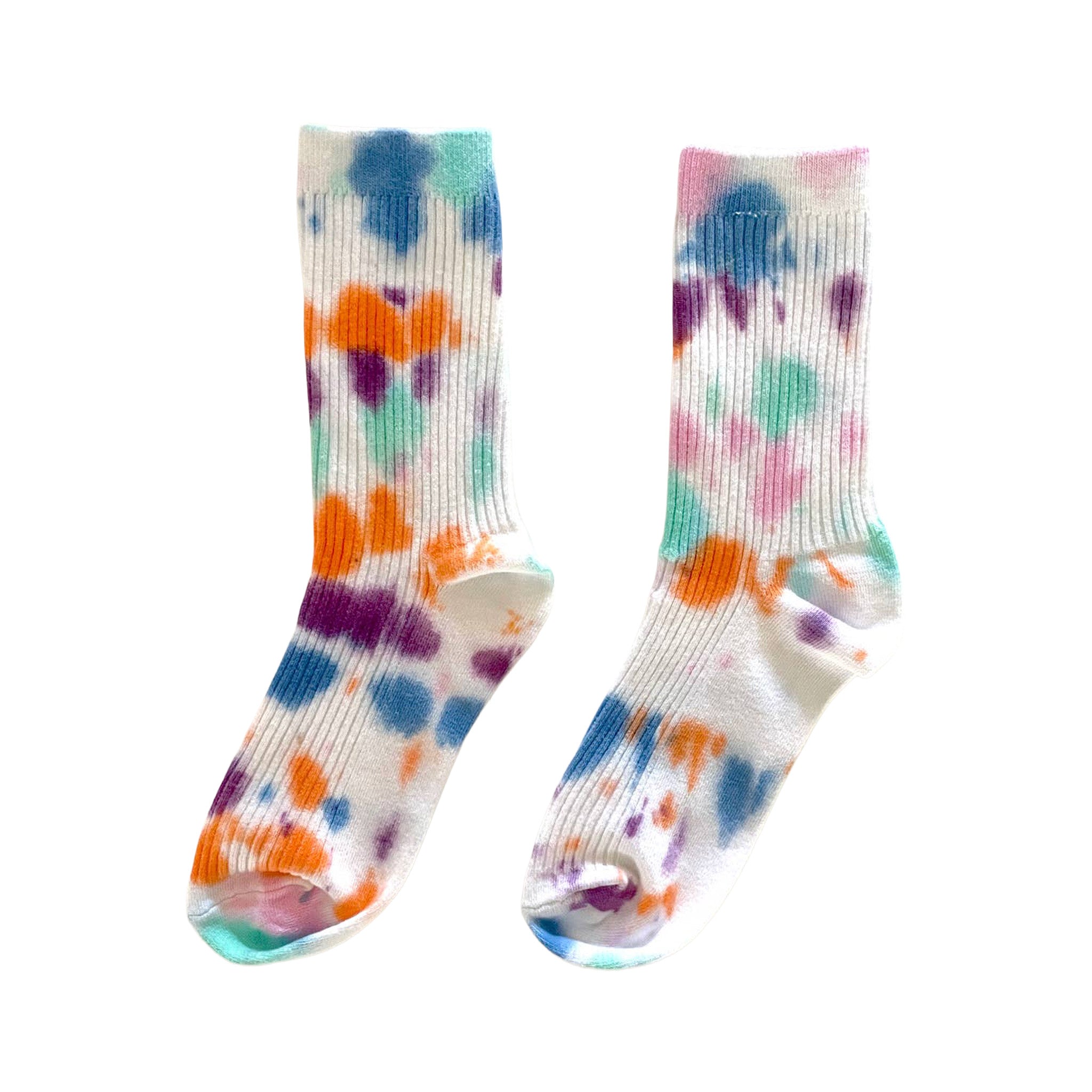 Memphis Tie-Dye Dressy Socks by Merle Works featuring white ribbed cotton with colorful hand-dyed splashes of blue, orange, mint green, purple, and pink.
