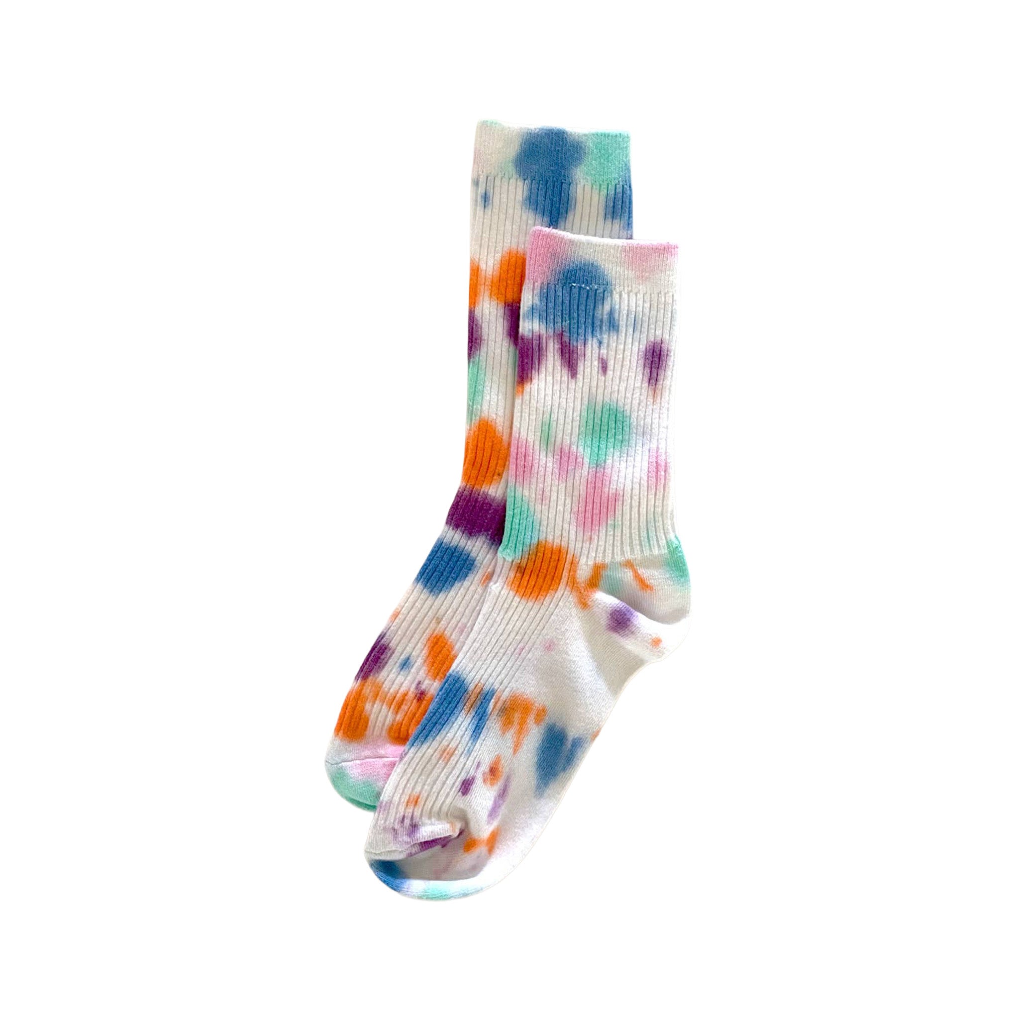 Memphis Tie-Dye Dressy Socks by Merle Works featuring white ribbed cotton with colorful hand-dyed splashes of blue, orange, mint green, purple, and pink.