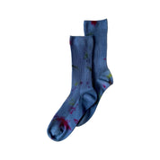 Painters Hand-Dyed Dressy Socks by Merle Works featuring blue ribbed cotton with scattered green, purple, and pink paint-like speckles inspired by a French painter's workwear.