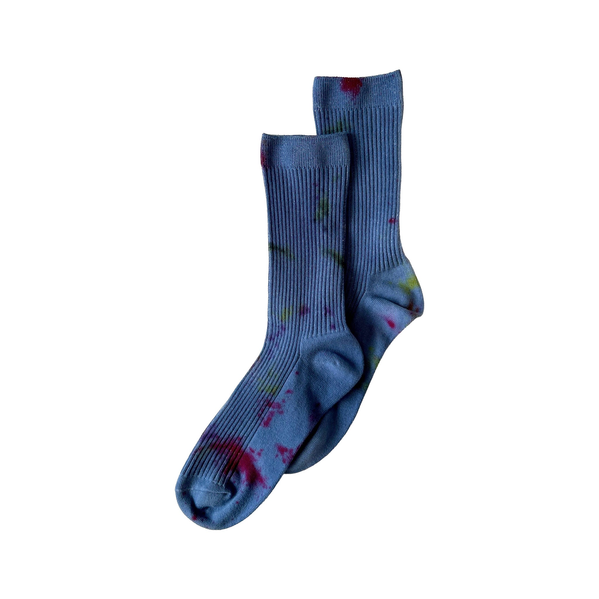 Painters Hand-Dyed Dressy Socks by Merle Works featuring blue ribbed cotton with scattered green, purple, and pink paint-like speckles inspired by a French painter's workwear.