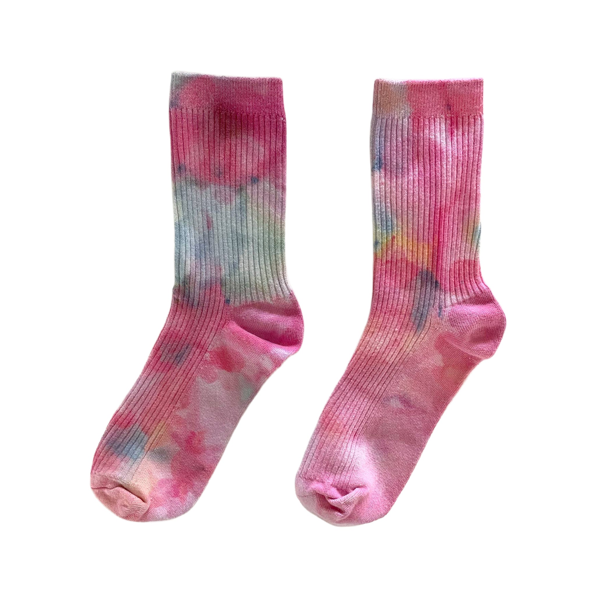Pink Lemonade Ice-Dye Dressy Socks by Merle Works featuring ribbed cotton with vibrant pink, coral, orange, yellow, and blue watercolor-like patterns created through hand ice-dyeing.