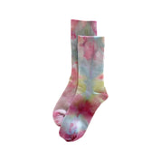 Pink Lemonade Ice-Dye Dressy Socks by Merle Works featuring ribbed cotton with vibrant pink, coral, orange, yellow, and blue watercolor-like patterns created through hand ice-dyeing.