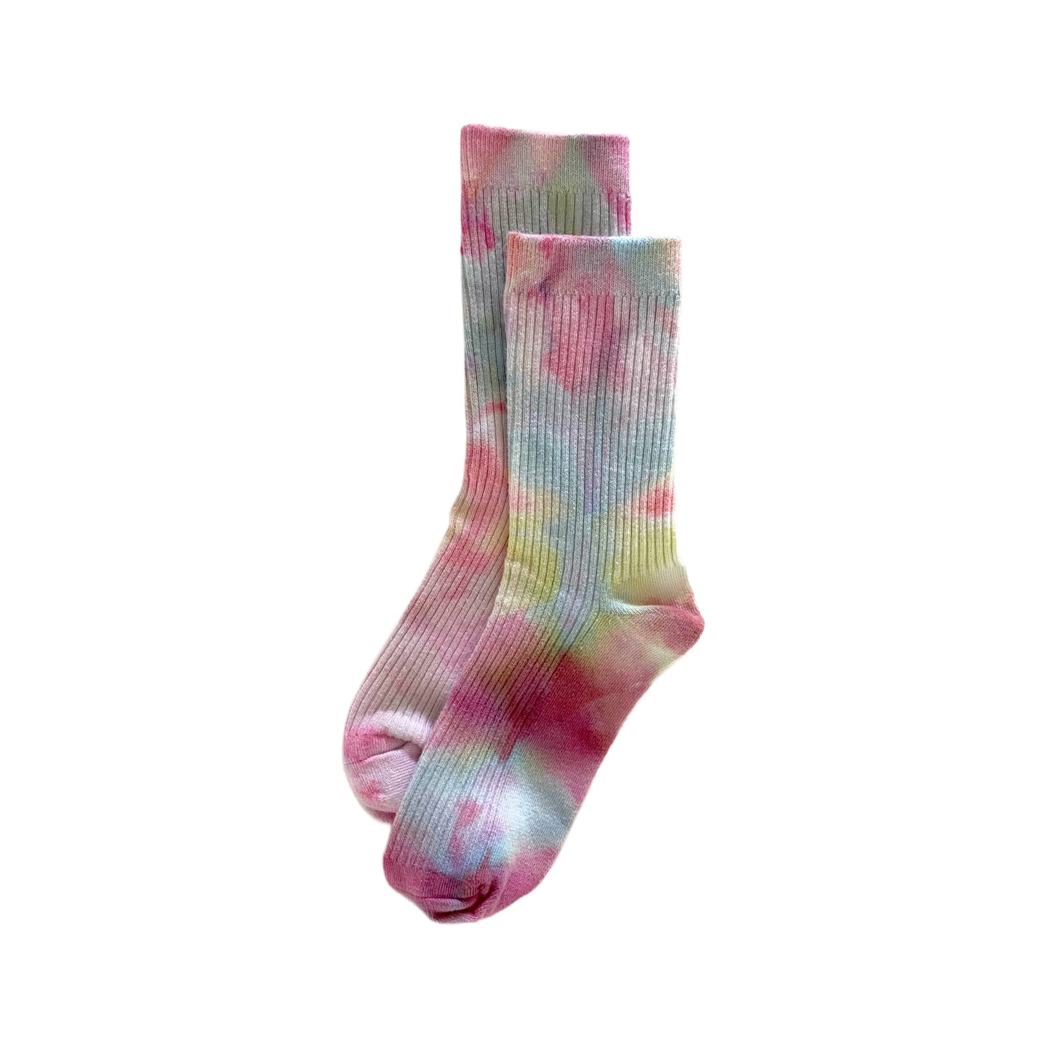 Pink Lemonade Ice-Dye Dressy Socks by Merle Works featuring ribbed cotton with vibrant pink, coral, orange, yellow, and blue watercolor-like patterns created through hand ice-dyeing.