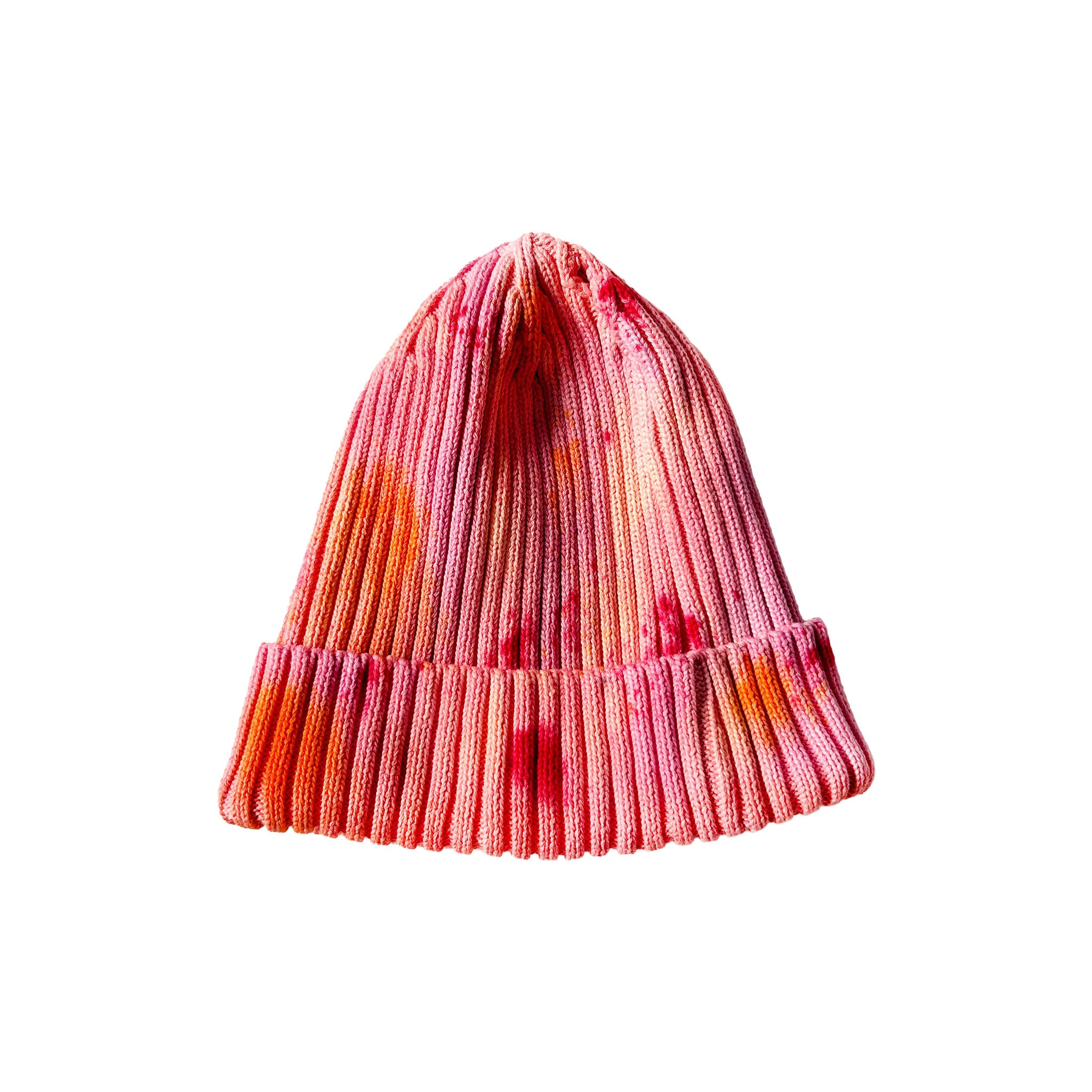Shortcake Hand-Dyed Beanie Hat by Merle Works in strawberry pink with apricot, coral, and raspberry accents, featuring a ribbed cotton-blend knit, folded cuff, and woven logo tag.