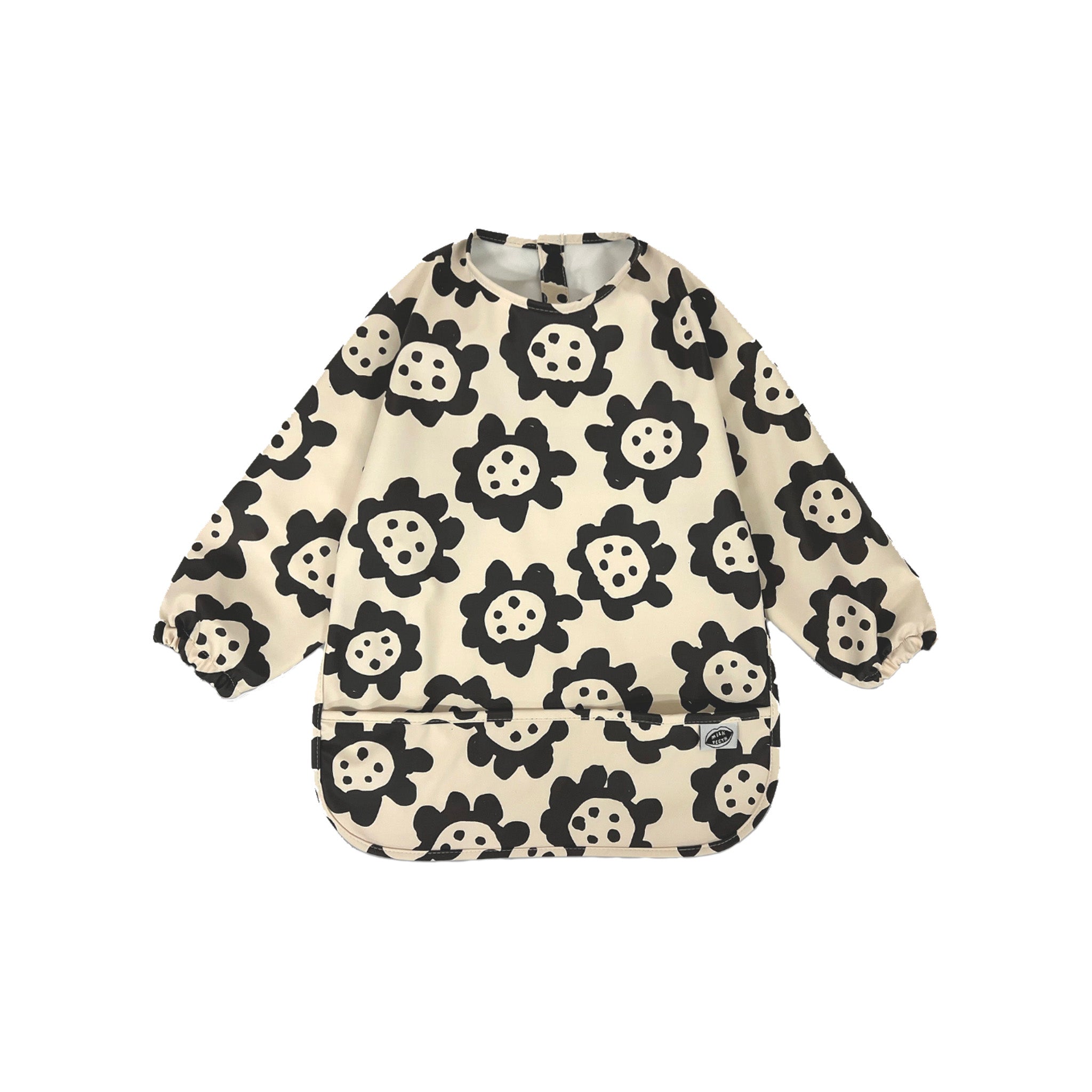 Long sleeve smock bib in six artist-designed colorways. Waterproof, recycled fabric, fits 6 months–3 years—extra coverage for mealtime and crafts.
