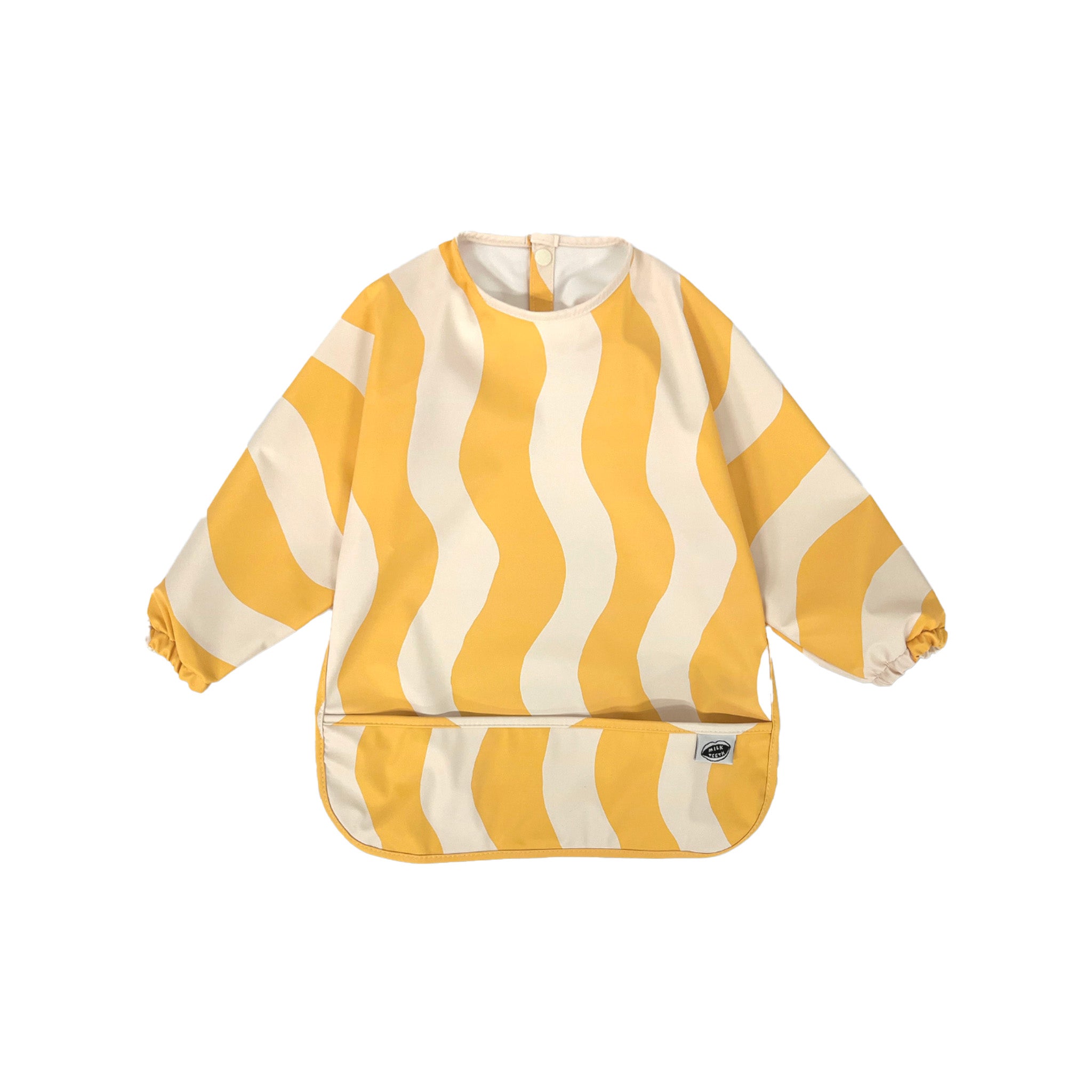 Long sleeve smock bib in six artist-designed colorways. Waterproof, recycled fabric, fits 6 months–3 years—extra coverage for mealtime and crafts.