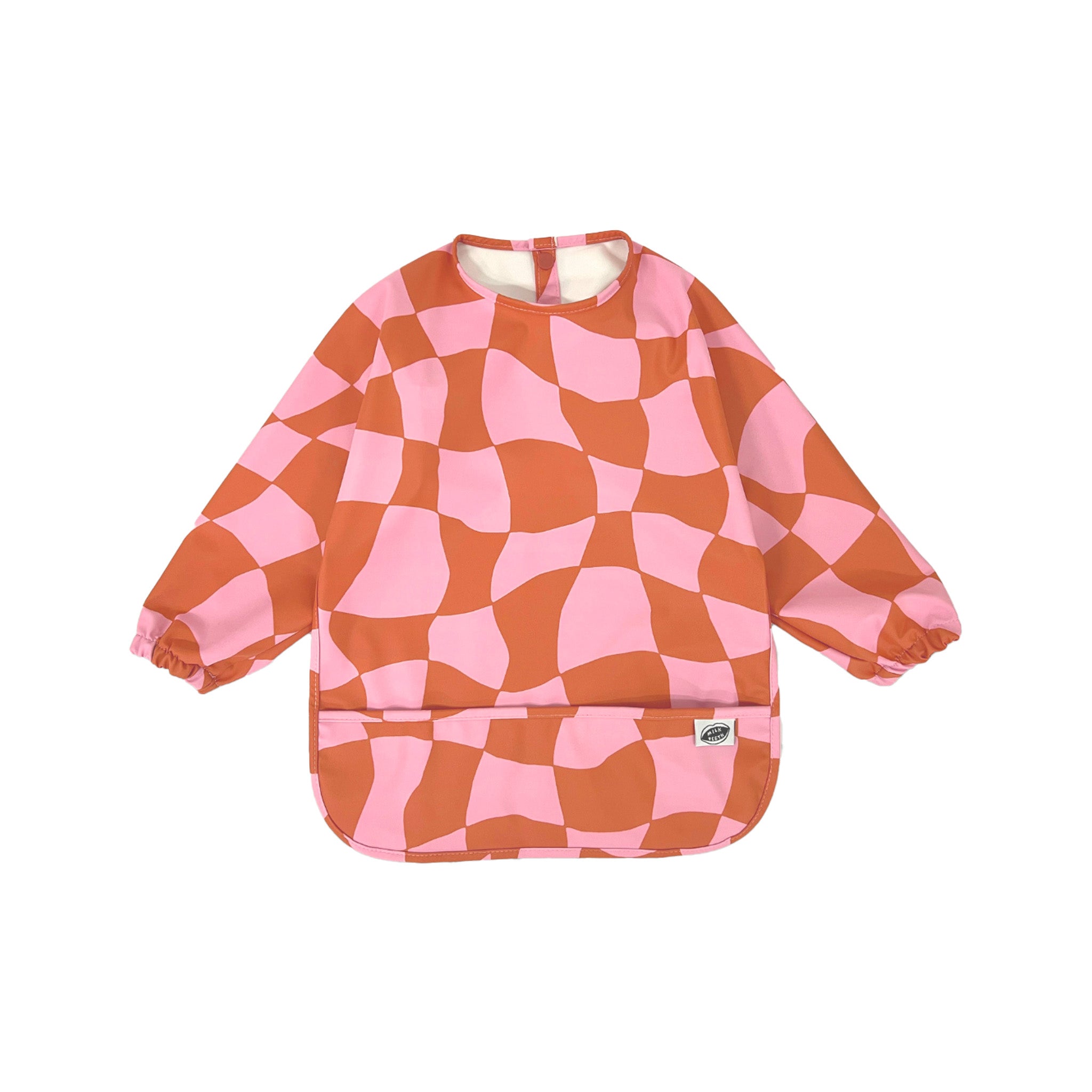 Long sleeve smock bib in six artist-designed colorways. Waterproof, recycled fabric, fits 6 months–3 years—extra coverage for mealtime and crafts.