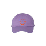 Mochi Kids Happy Dad Hat in Lavender / Orange with embroidered smiley face, curved brim, and adjustable fabric strap with brass slider closure.
