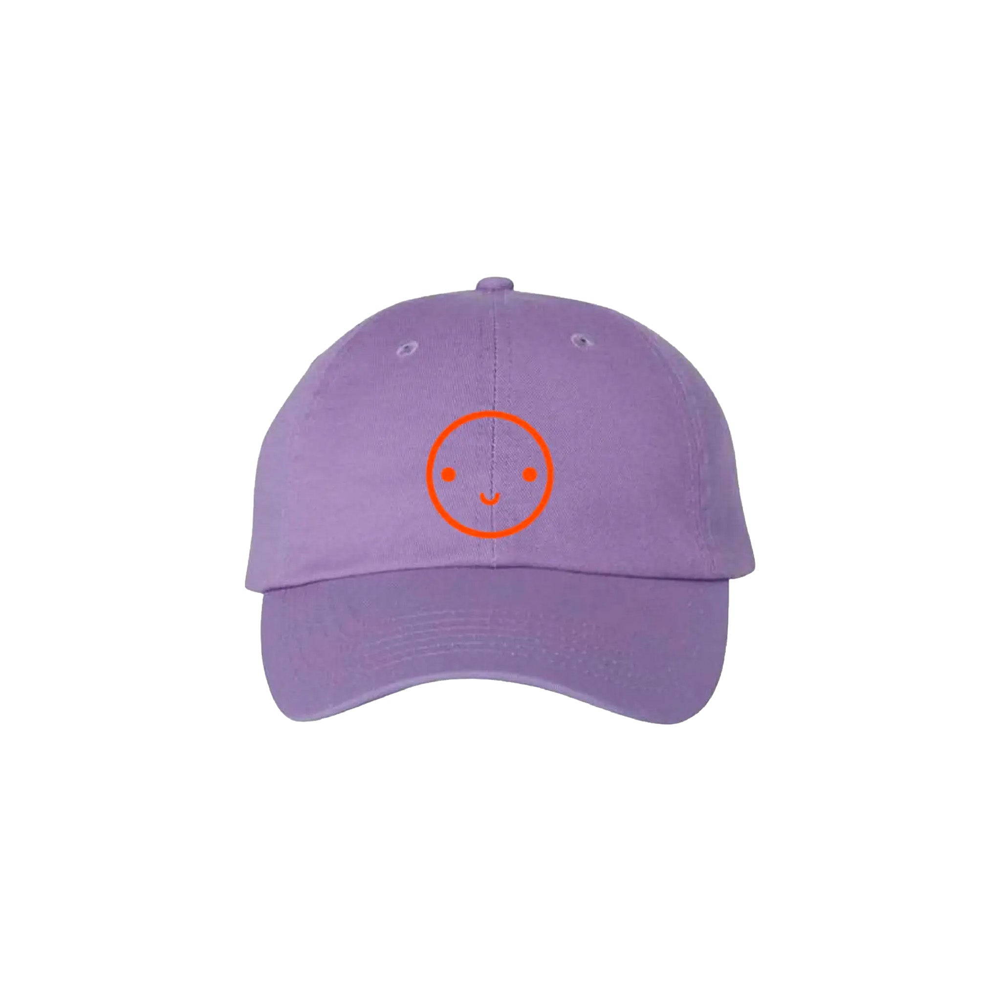 Mochi Kids Happy Dad Hat in Lavender / Orange with embroidered smiley face, curved brim, and adjustable fabric strap with brass slider closure.