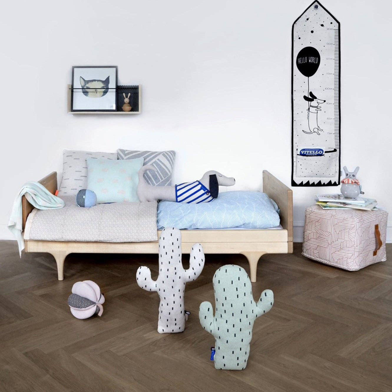 OYOY Cactus Cushion in pale mint cotton knit with black cactus print, soft pillow for kids’ or adults’ décor.