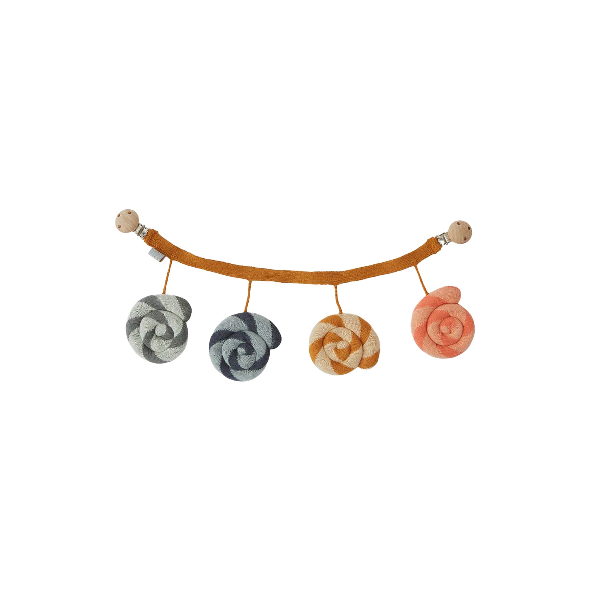 OYOY Lollipop Pram Chain Mobile, striped cotton stroller mobile with wooden clips for newborns.