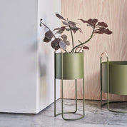Maki Plant Box in Clay, Nutmeg, or Olive with rattan handles, shown in Low and High versions.