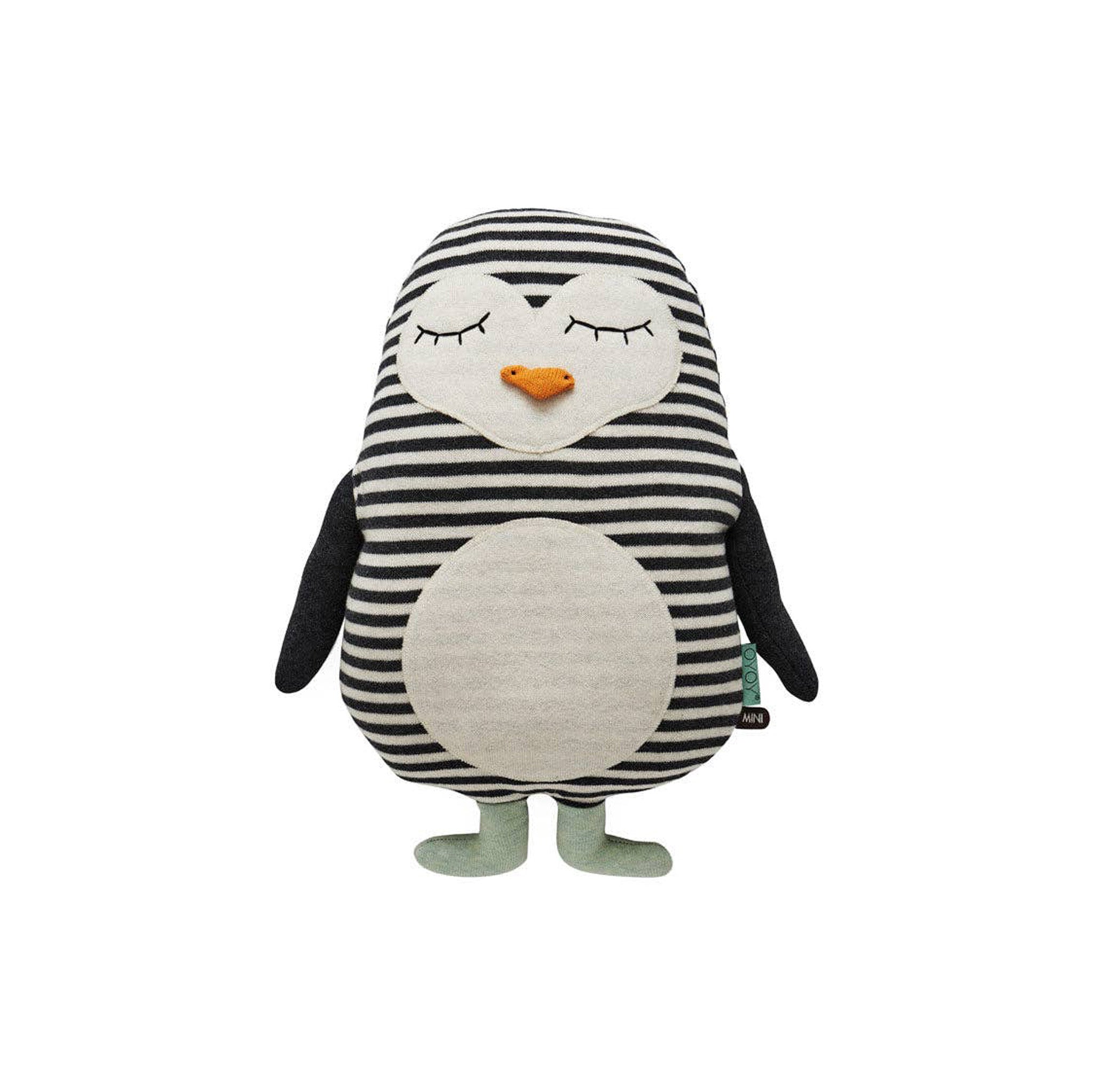 OYOY Penguin Pingo Cushion in black-and-white cotton knit, cuddly penguin pillow for kids or cozy adult décor.