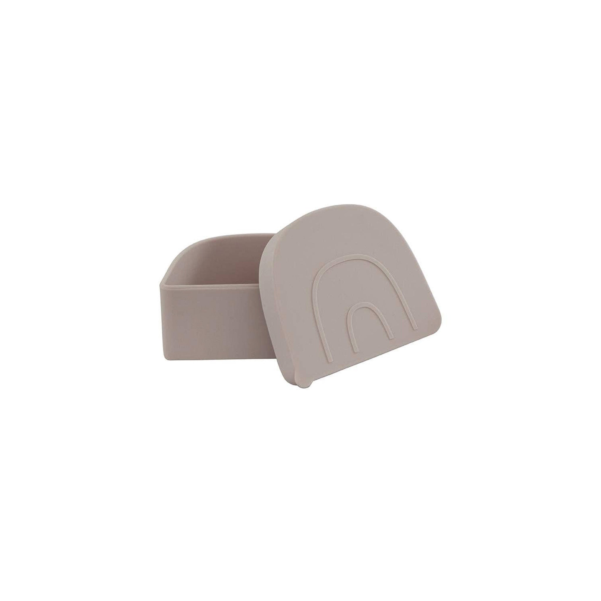 OYOY Rainbow Snack Bowl with Lid in rose silicone, embossed rainbow design, dishwasher and microwave safe.