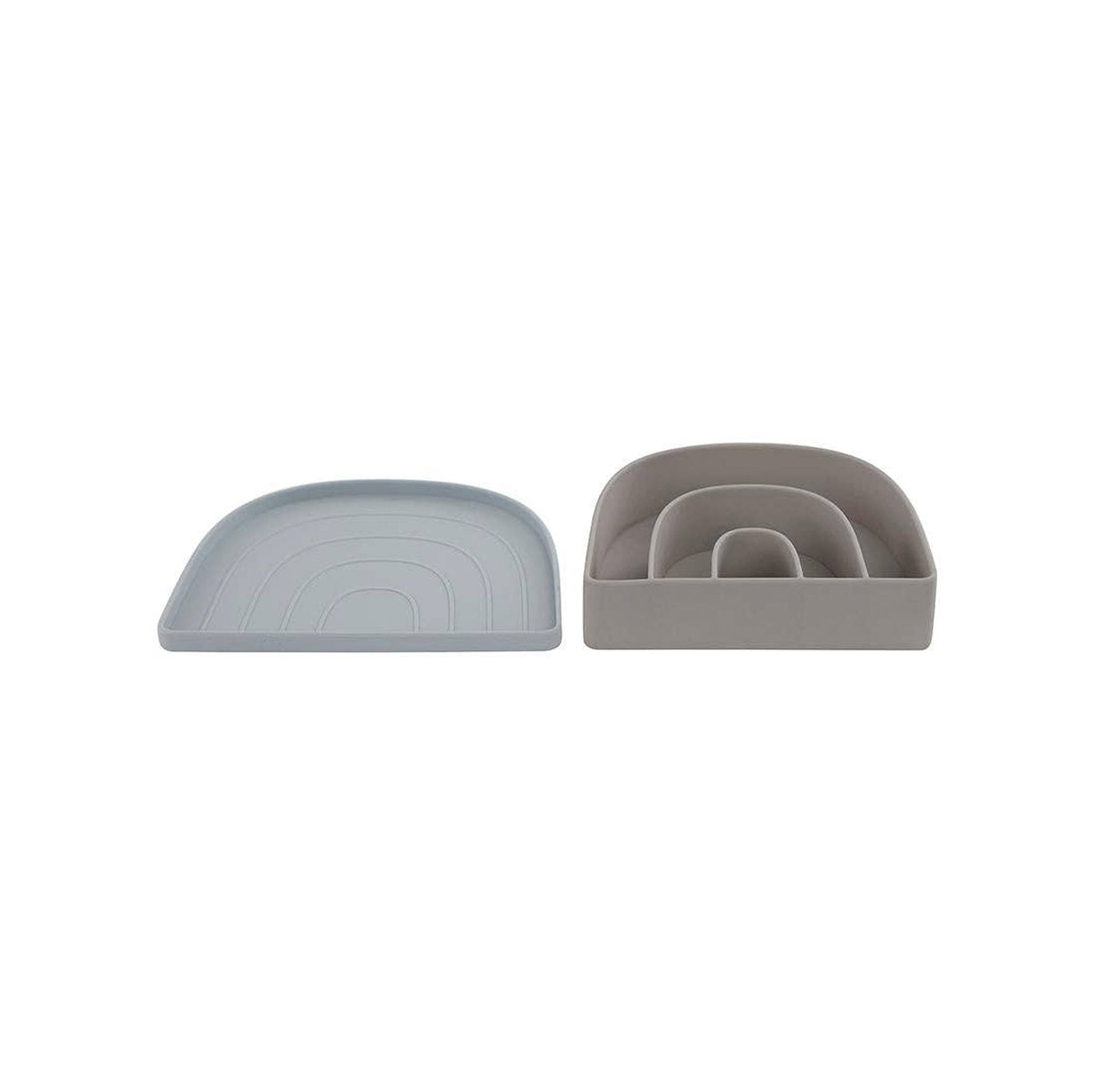 OYOY Rainbow Plate &amp; Bowl Set in dusty blue and clay, durable silicone dinnerware for kids, dishwasher and microwave safe.