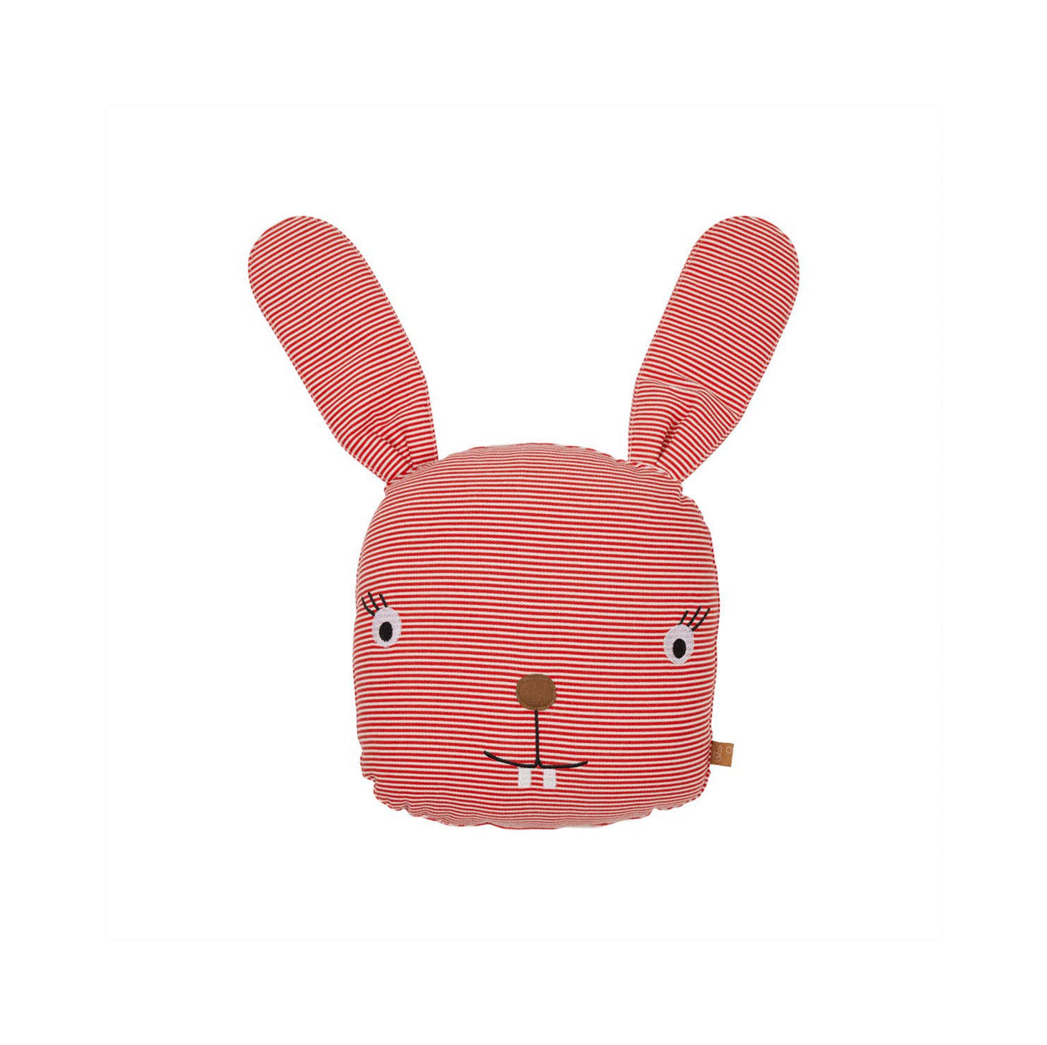 OYOY Rosy Rabbit Cushion in denim-style organic cotton, soft bunny pillow for kids’ rooms or playful adult spaces.