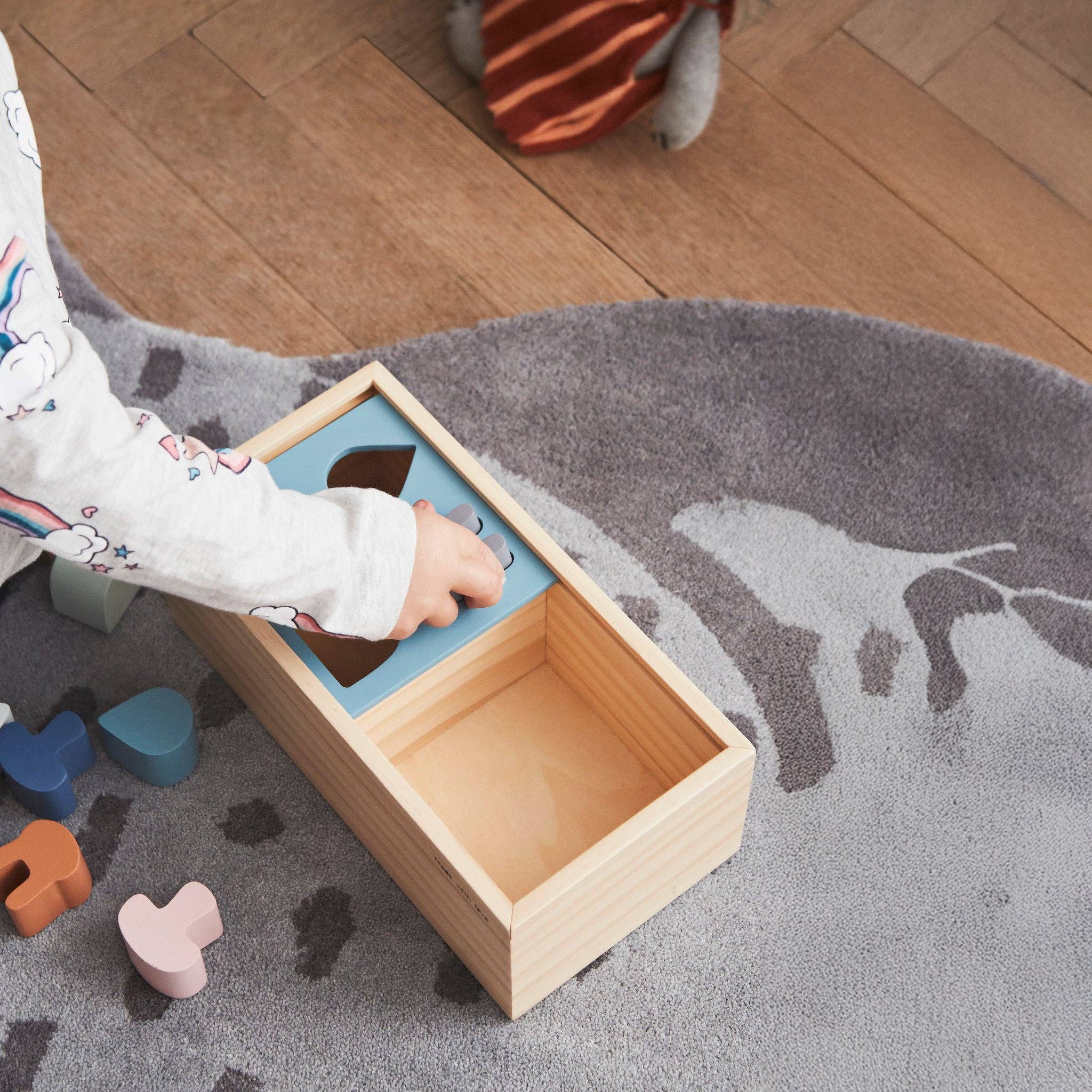Wooden puzzle box made of natural beech wood with sliding shape pieces in soft Scandinavian colors, designed for toddlers ages 2 and up.