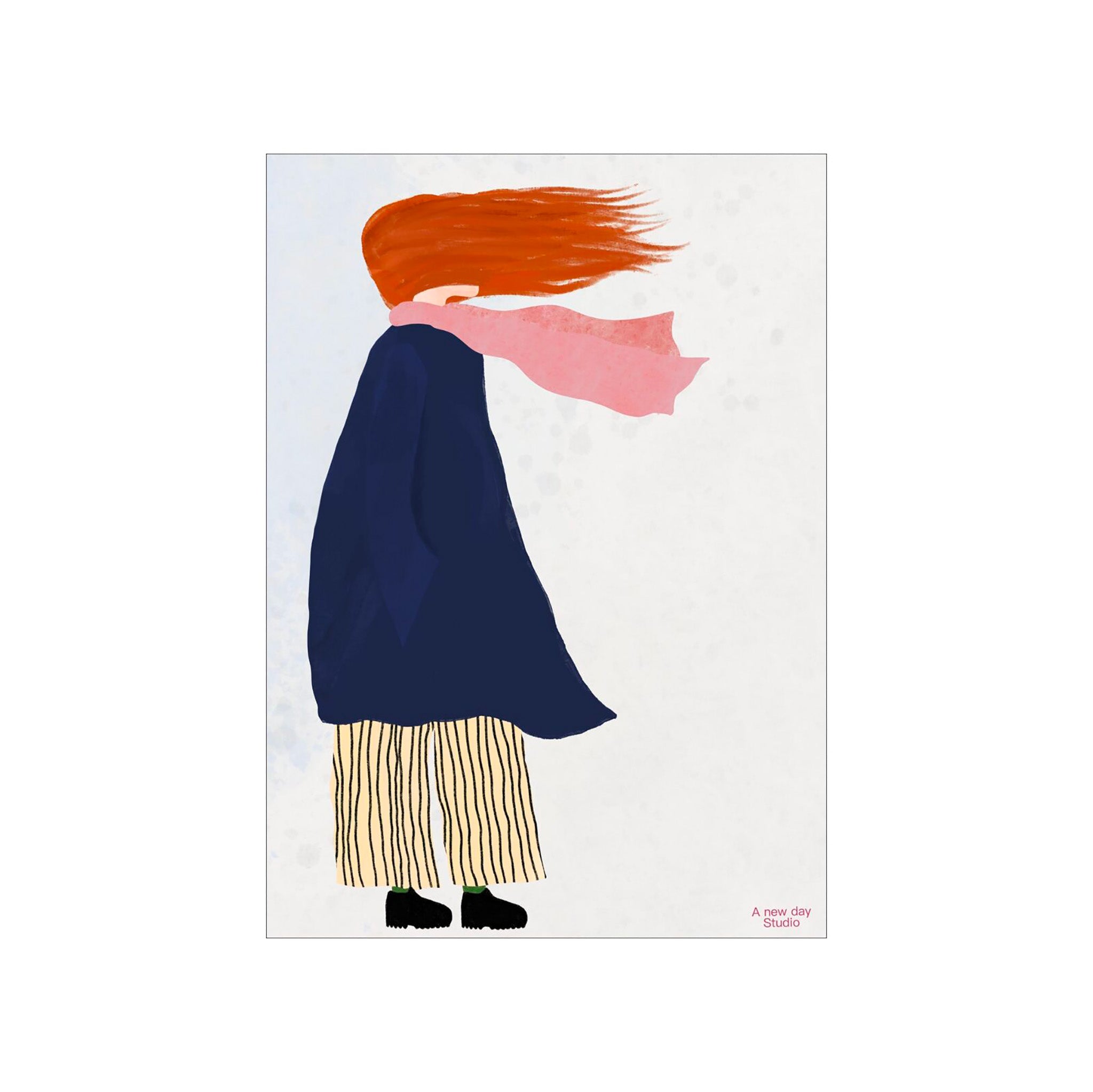 Poster & Frame Stormy Day Poster by A New Day Studio. 50 × 70 cm Scandinavian art print of windswept figure with coat, pink scarf, and striped trousers. Rolled, unframed print.