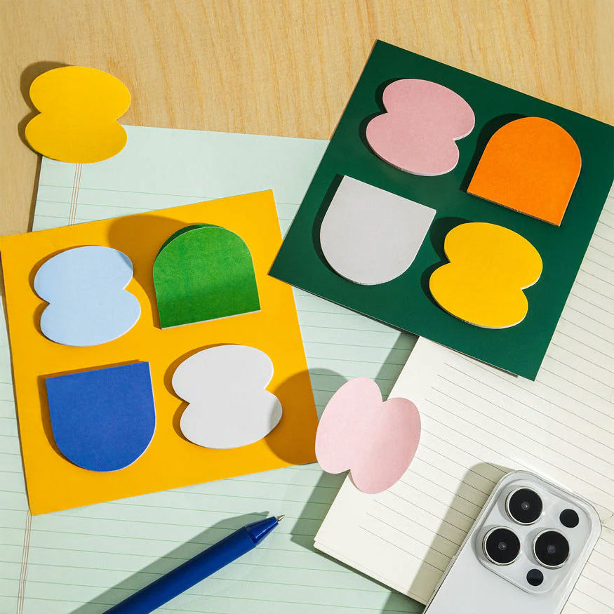 Poketo Essential Sticky Notes set with 4 colorful shapes. Fun sticky notes for reminders, to-dos, and planners.
