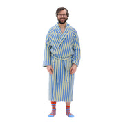 RATIA Unisex Striped Bathrobe in grey green/crisp blue terry cotton blend with belt, raglan sleeves, and pockets. Scandinavian unisex bathrobe, available in S/M and L/XL, made in Portugal.