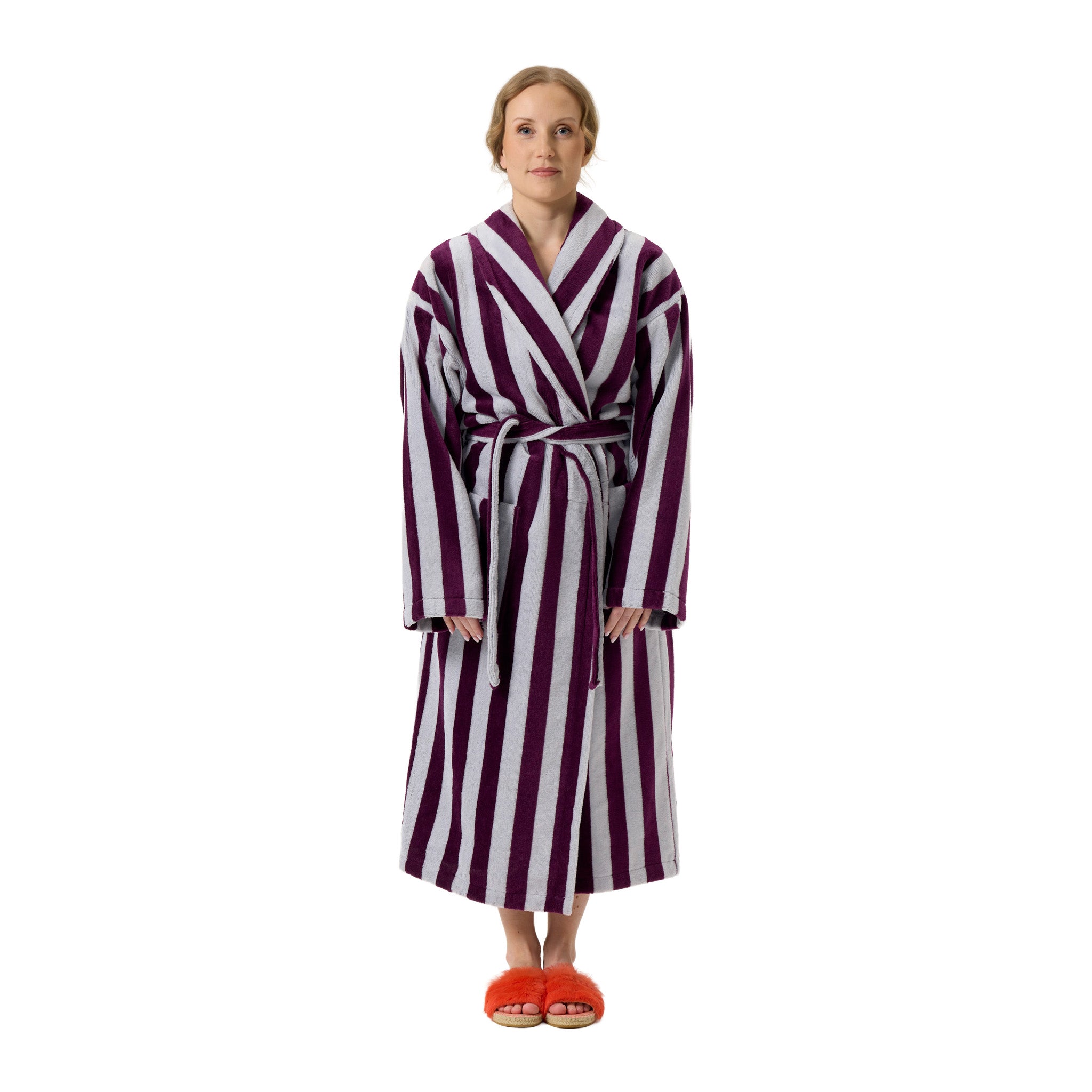 Wide Stripe Unisex Bathrobe in Plum / Grey