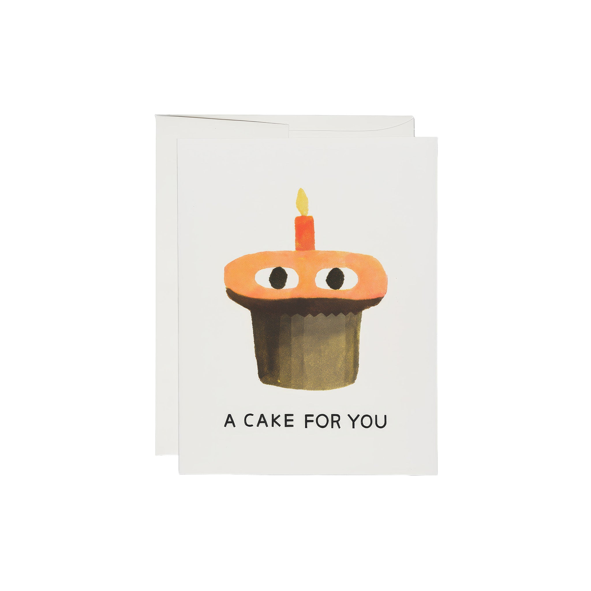 Red Cap Cards A Cake Card by Jon Klassen featuring an orange cupcake with eyes and a single birthday candle.