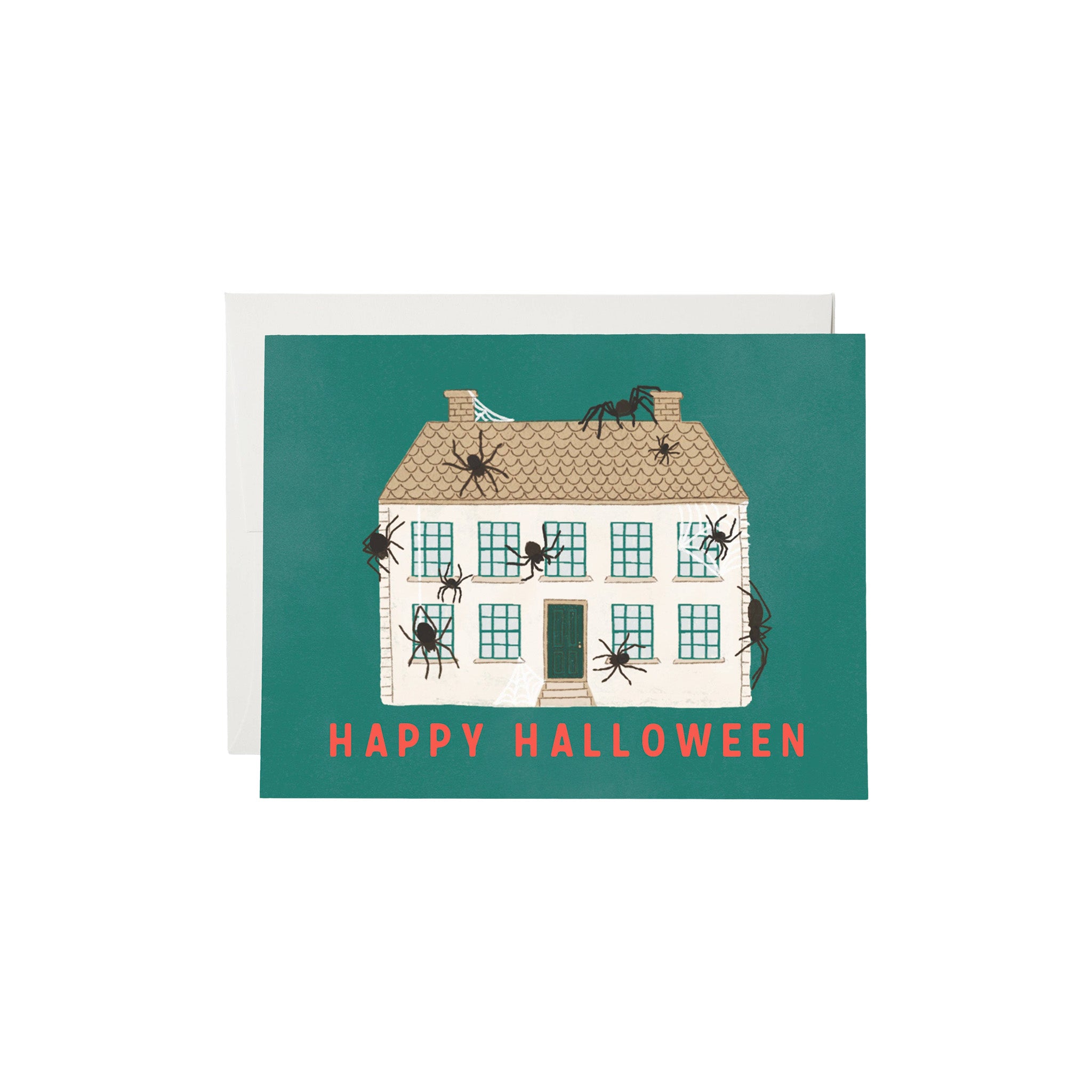 Spider House Card by The House That Lars Built featuring a pink house covered in giant black spiders and webs.