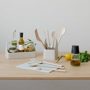 Rig-Tig HANDY-BOX Storage Box in light grey melamine with handle. Nordic storage caddy with four compartments for kitchen tools, office supplies, or kids’ essentials.