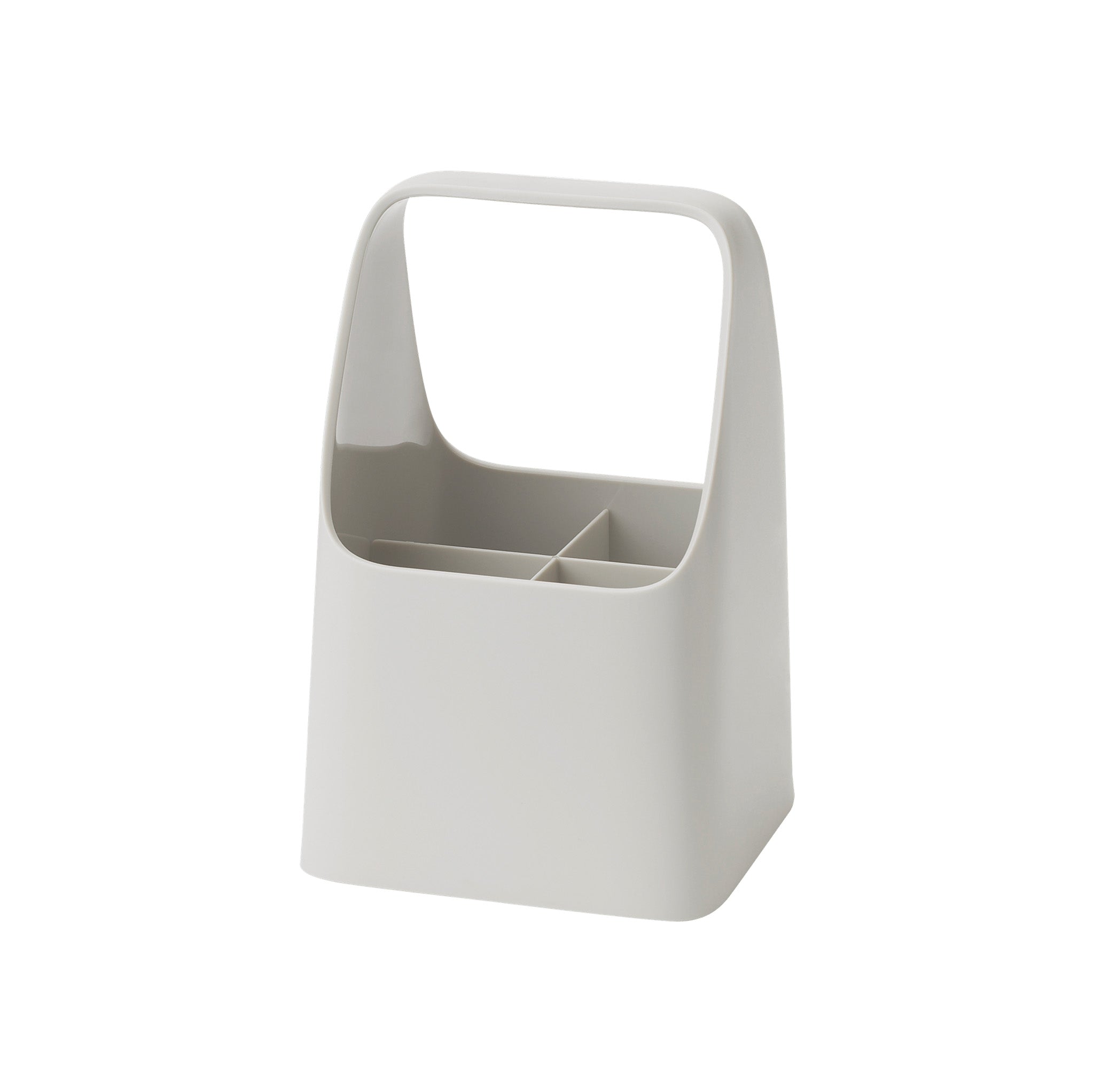 Rig-Tig HANDY-BOX Storage Box in light grey melamine with handle. Nordic storage caddy with four compartments for kitchen tools, office supplies, or kids’ essentials.