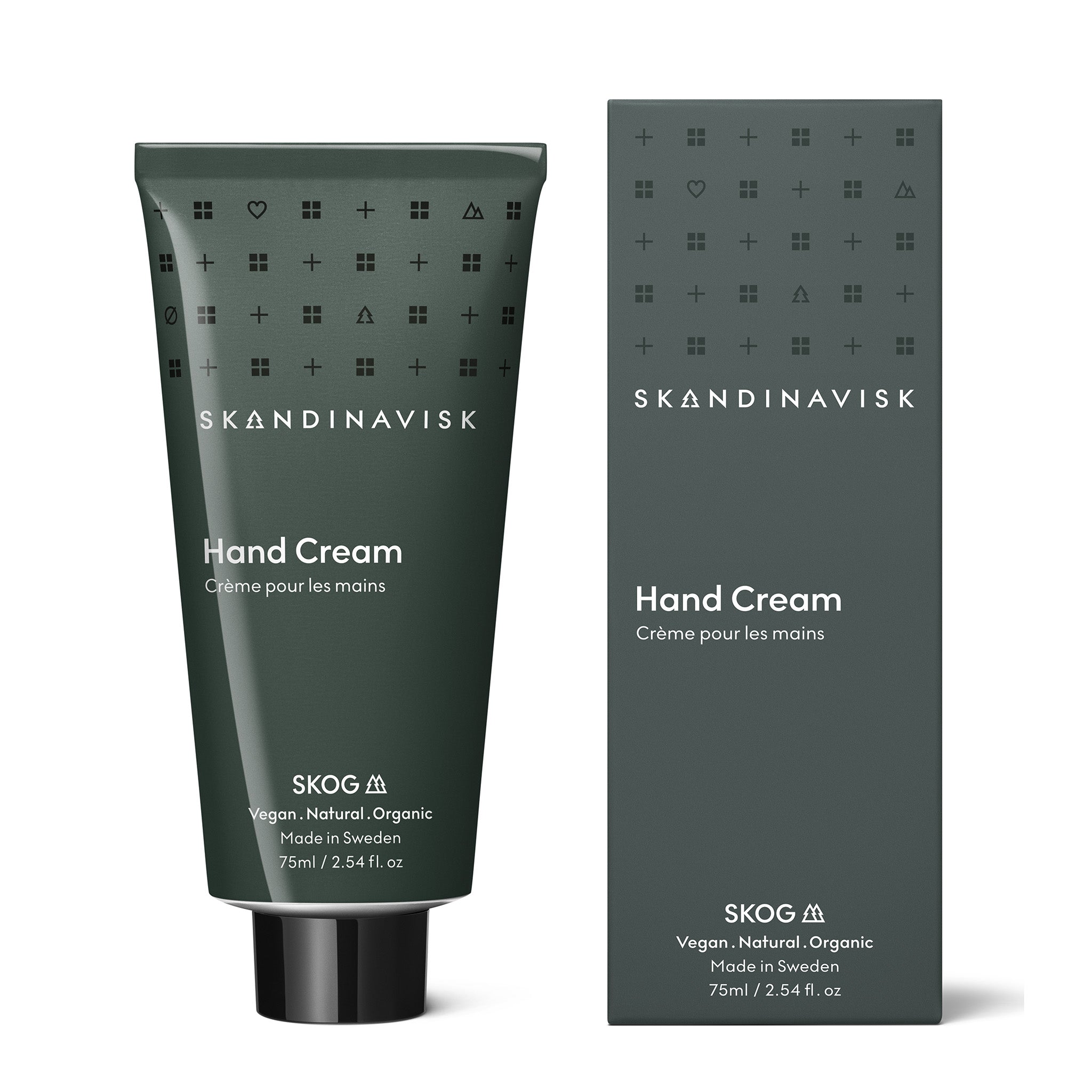 Skandinavisk SKOG 75 ml hand cream in recycled aluminum tube with FSC-certified packaging.