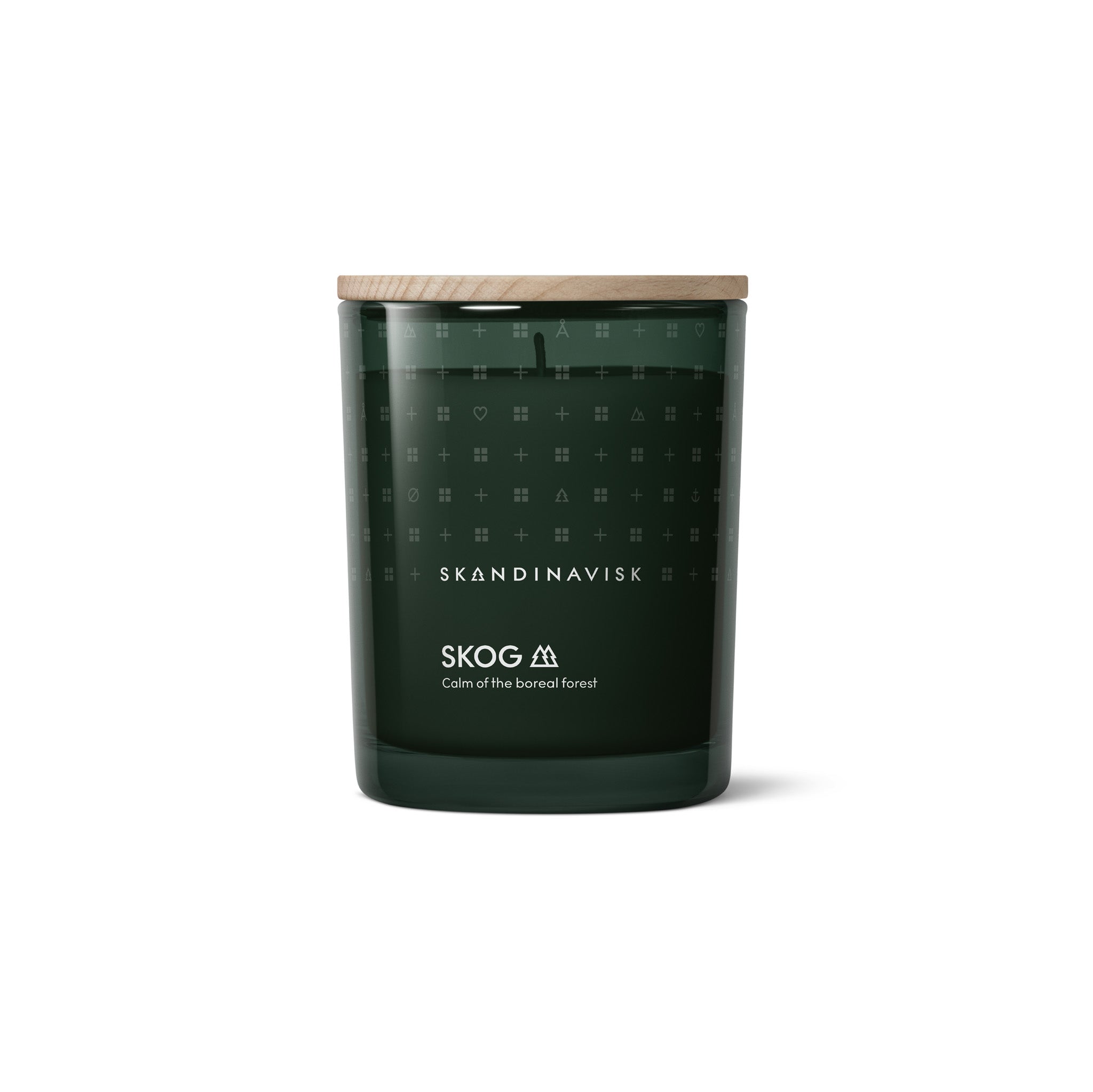 Skandinavisk Skog 200g scented candle in frosted glass jar with wooden lid.