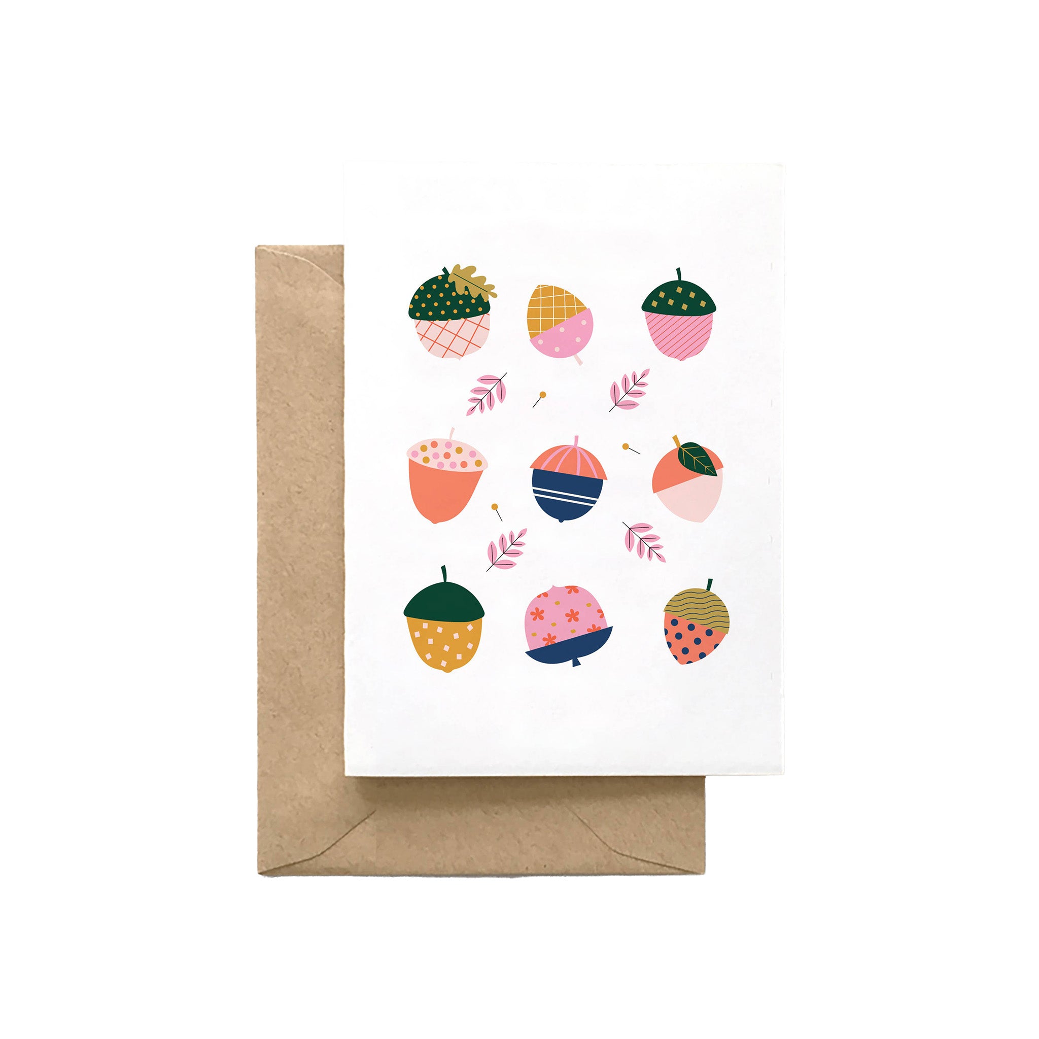 Colorful Abstract Acorns Card featuring patterned acorns with stripes, dots, checks, and florals in pink, orange, green, and navy.