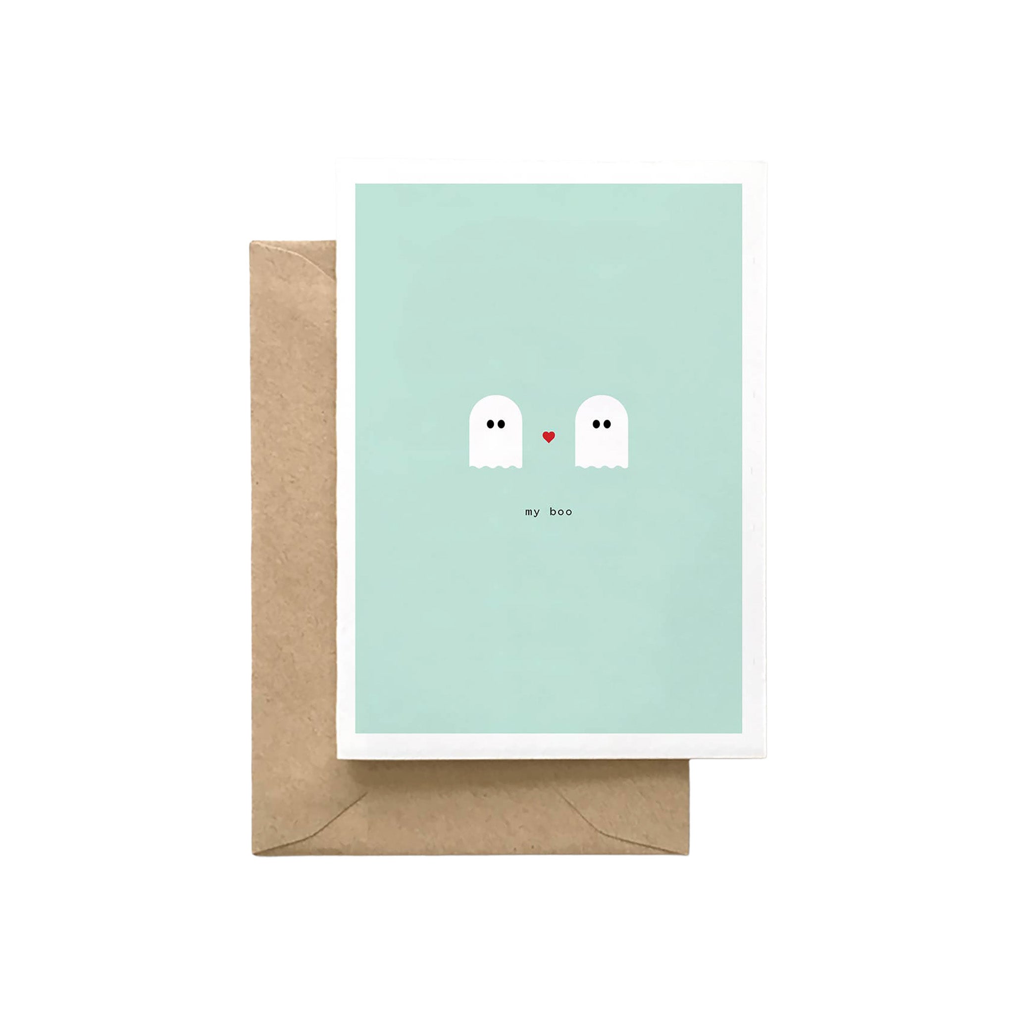 My Boo Card featuring two white ghosts with a red heart on a pale mint background.
