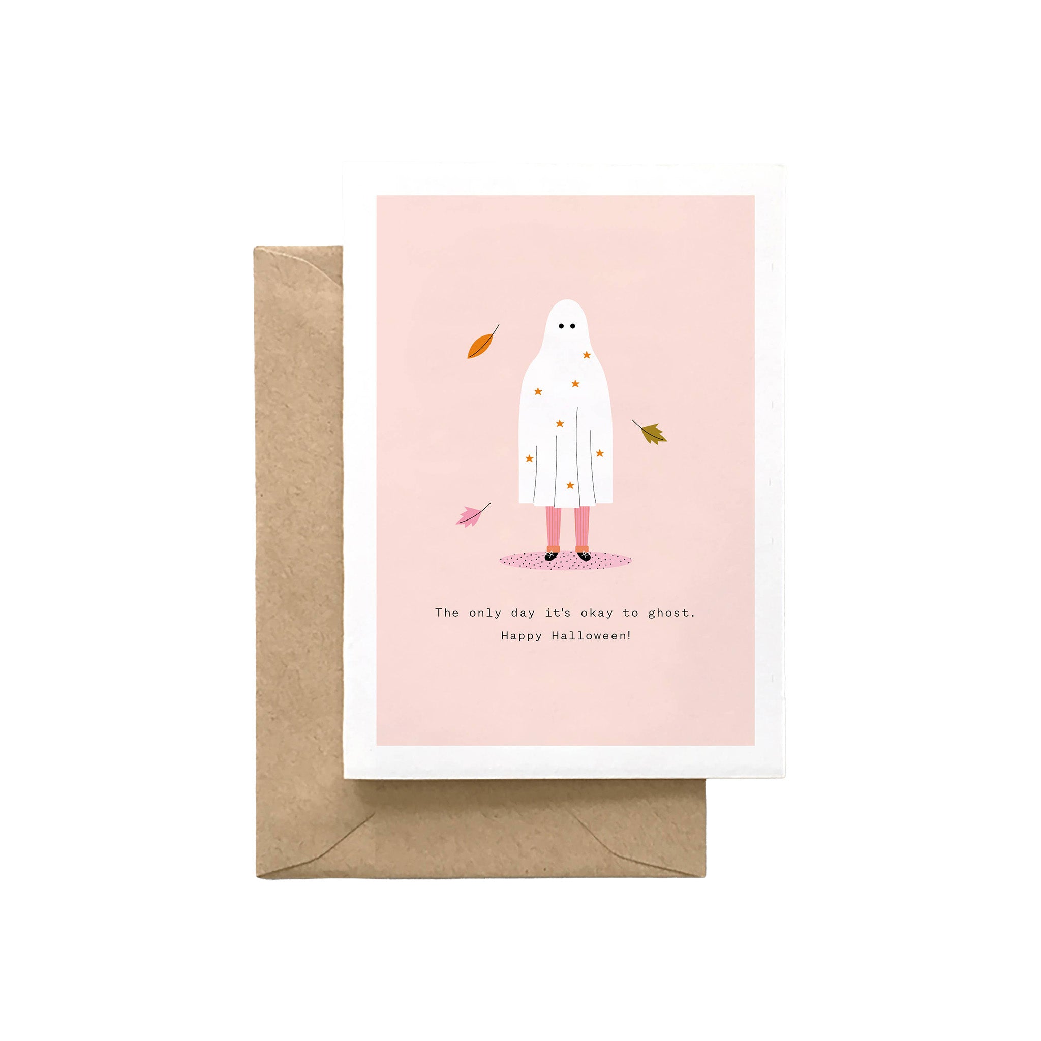 The Only Day It’s Okay to Ghost Halloween card featuring a watercolor sheet ghost surrounded by autumn leaves.