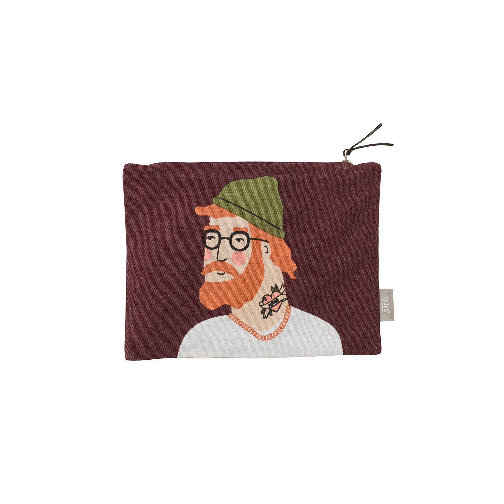 Aron Toiletry Bag by Spira of Sweden, natural cotton bag with illustrated Aron character, 9.8" × 7.5", versatile as toiletry bag, clutch, or tote organizer.