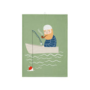 Ebbot Kitchen Towel by Spira of Sweden featuring a whimsical illustrated character on a natural linen-cotton blend towel, designed for drying dishes and adding Scandinavian charm to the kitchen.