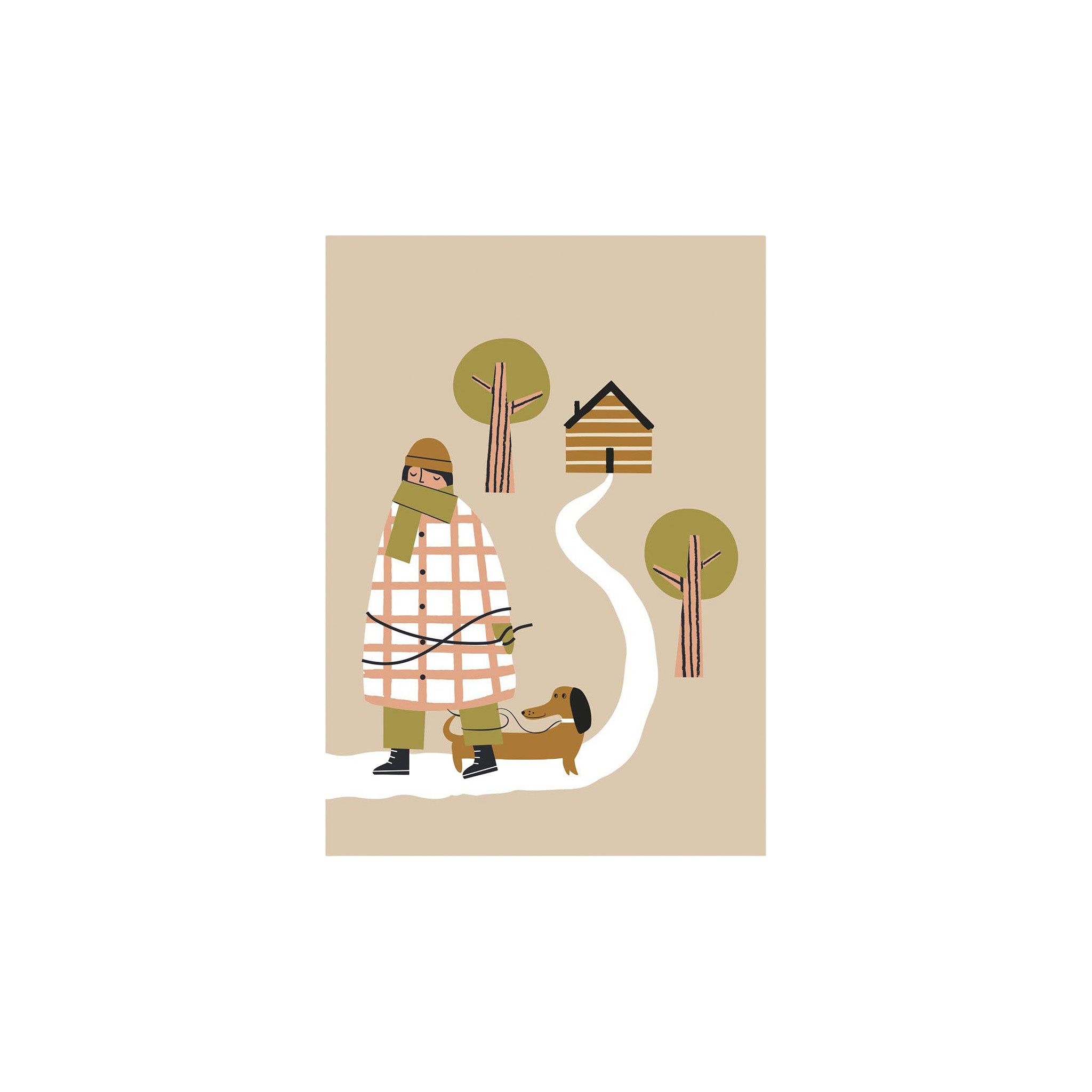 Hundpromenad Kompiskort Card by Spira of Sweden featuring an autumn dog walker with dachshund, trees, and cabin on a beige background.