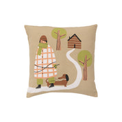Hundpromenad Kompiskudde Cushion Cover by Spira of Sweden with hand-printed dog walker and dachshund illustration in warm autumn tones on beige cotton.