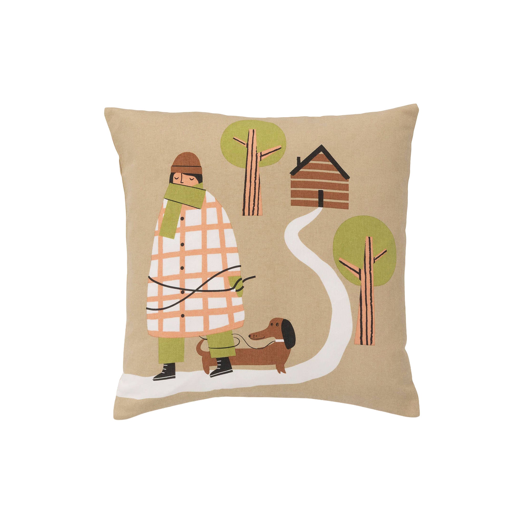Hundpromenad Kompiskudde Cushion Cover by Spira of Sweden with hand-printed dog walker and dachshund illustration in warm autumn tones on beige cotton.