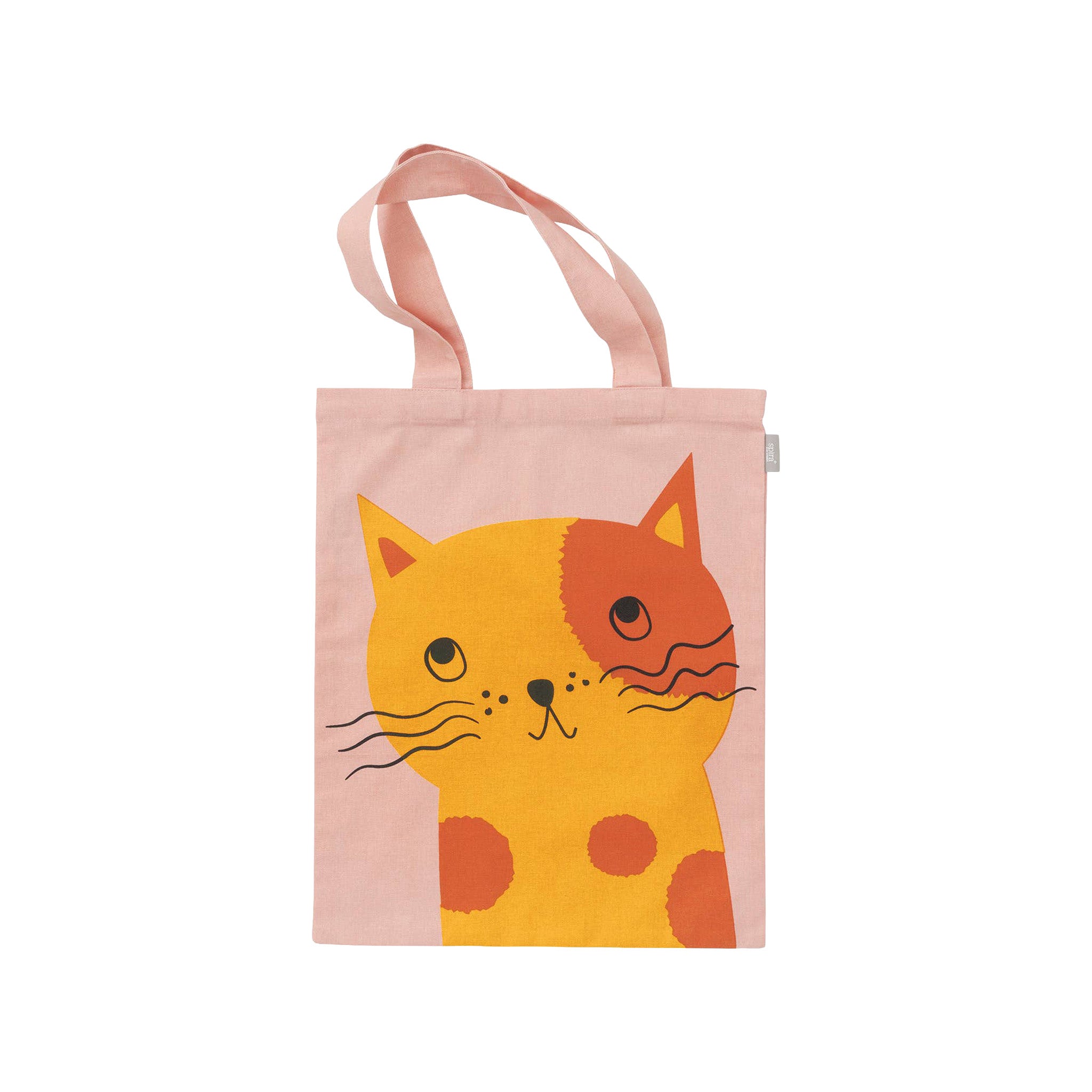 Spira of Sweden Daisy Kompiskasse Tote Bag in pink cotton with hand-printed orange cat illustration.