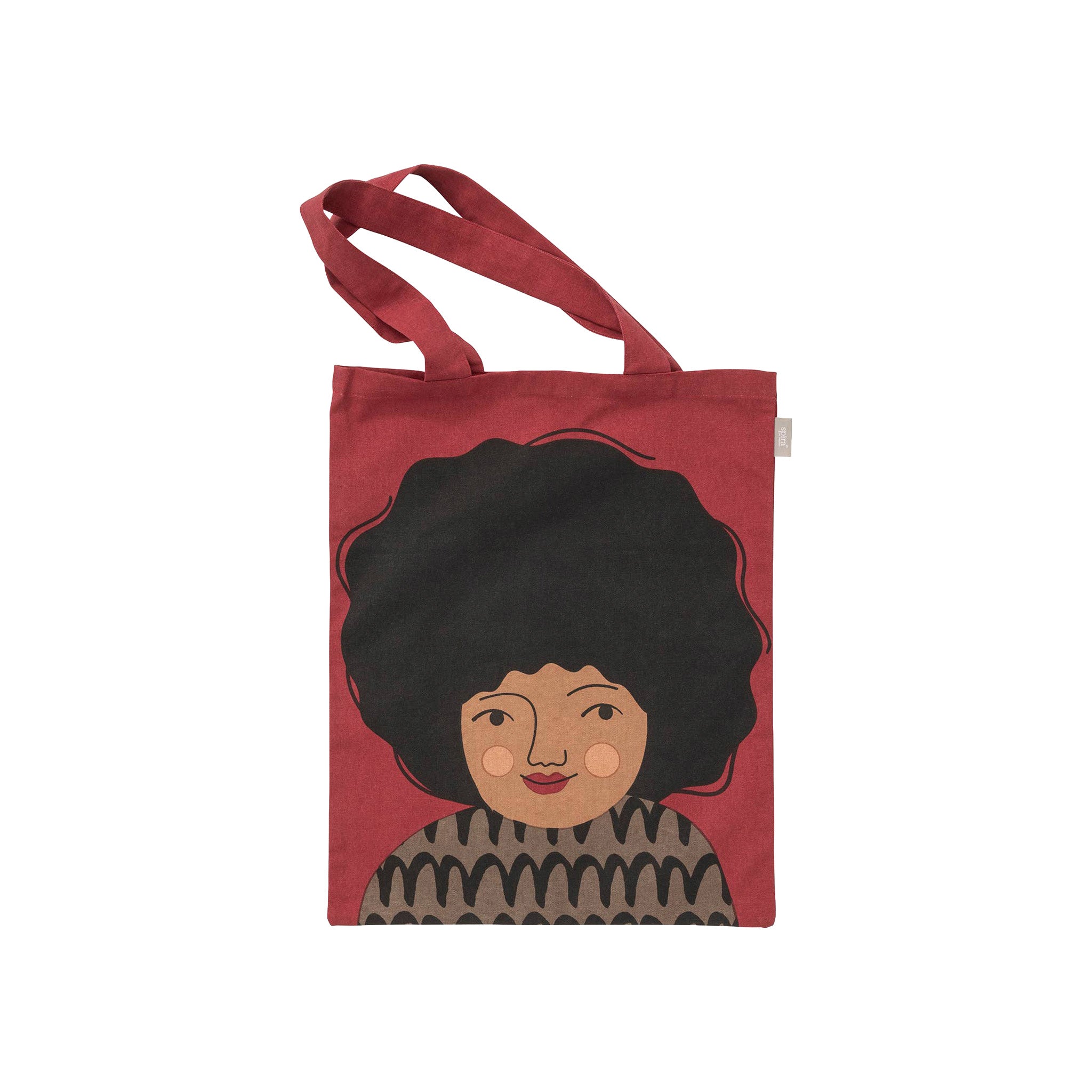 Spira of Sweden Hedvig Kompiskasse Tote Bag in deep red cotton with hand-printed Hedvig illustration and black hair.