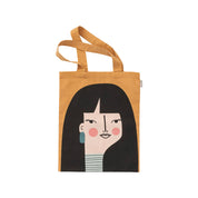 Spira of Sweden Naomi Kompiskasse Tote Bag in ochre cotton with hand-printed illustrated woman with long black hair.
