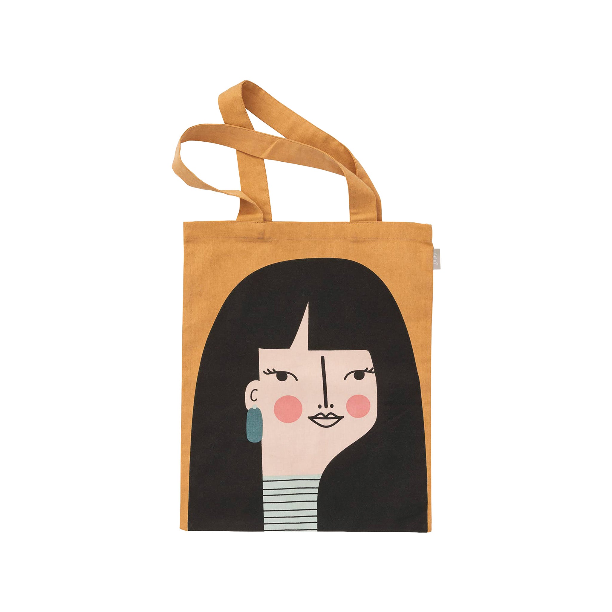 Spira of Sweden Naomi Kompiskasse Tote Bag in ochre cotton with hand-printed illustrated woman with long black hair.
