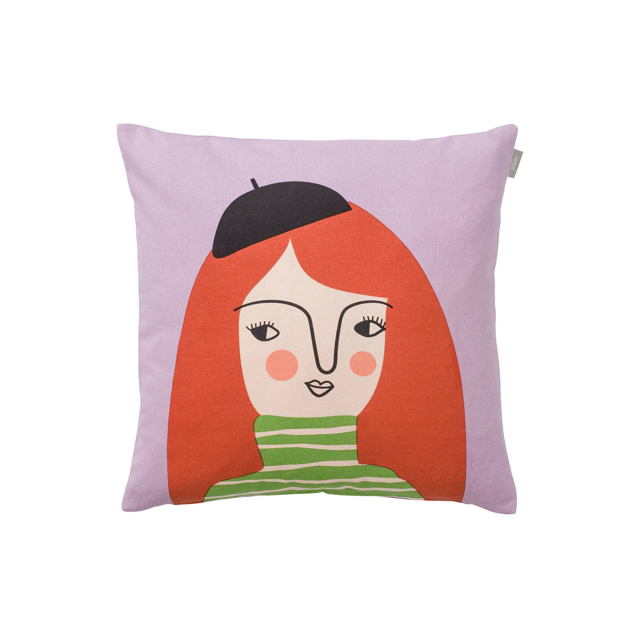 Astrid Kompiskudde Cushion Cover by Spira of Sweden, natural cotton pillow cover with illustrated Astrid character, 20" × 20".