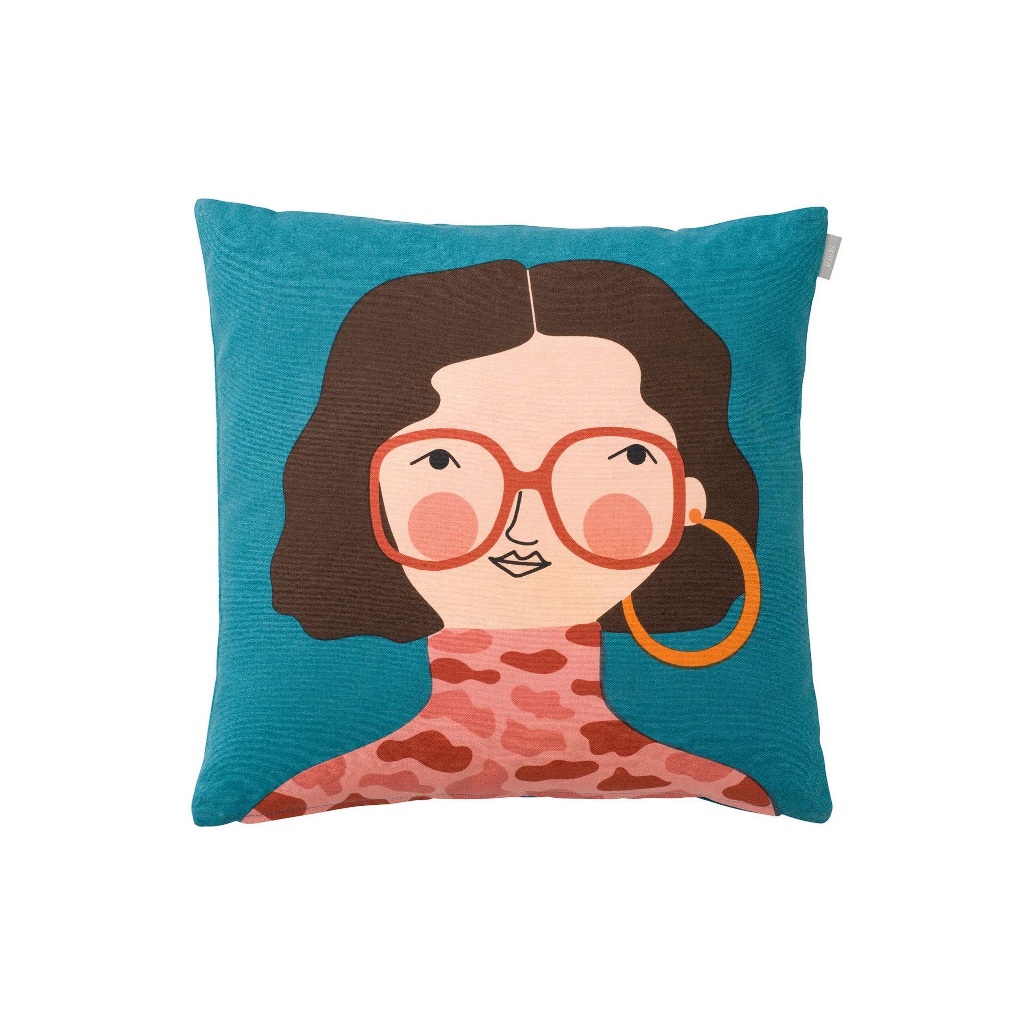 Kompiskudde Hedda Cushion Cover by Spira of Sweden, natural cotton pillow cover with illustrated Hedda character, 20" × 20".
